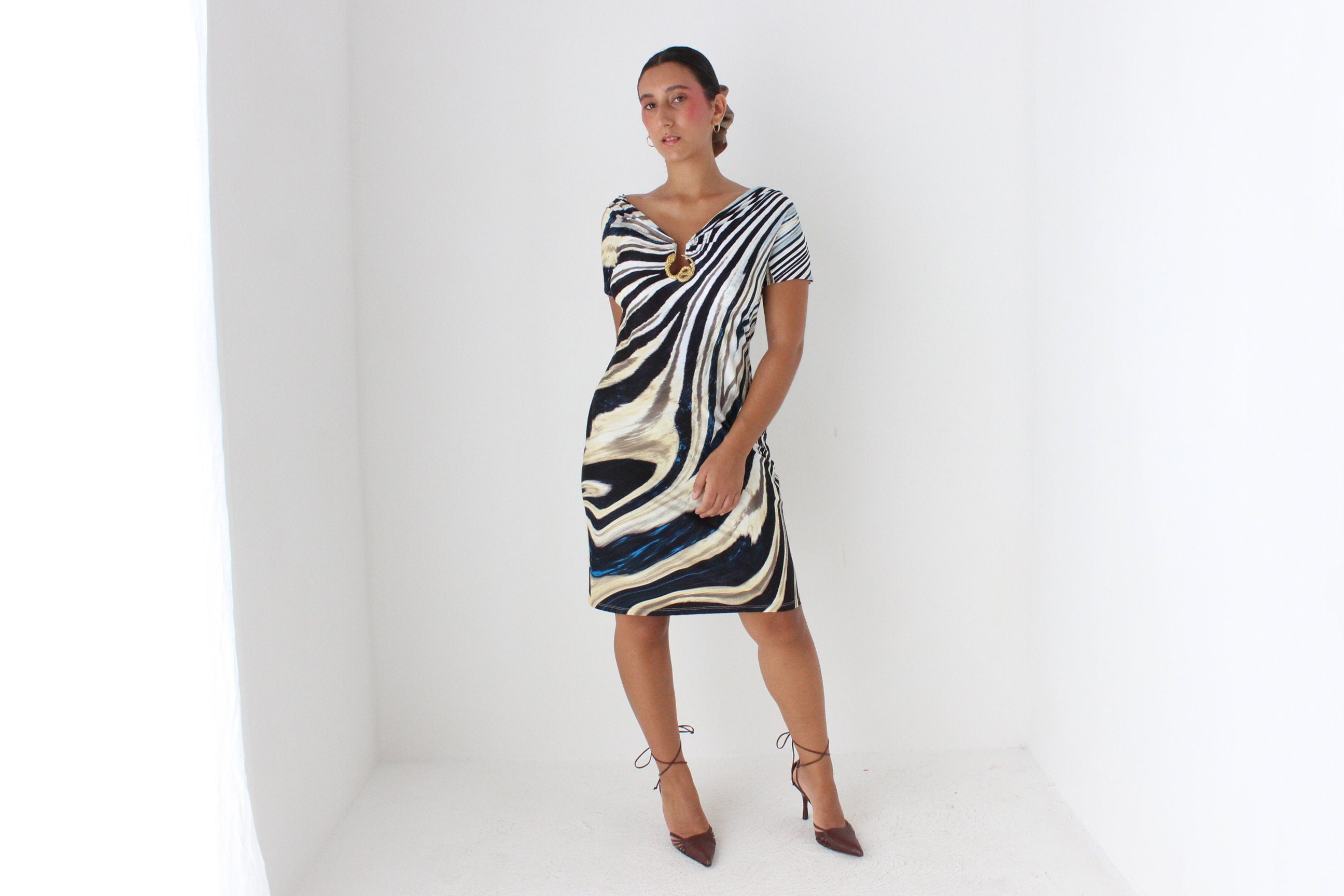 Y2K ROBERTO CAVALLI Animal Bandage Dress w/ Gold Metal Snake