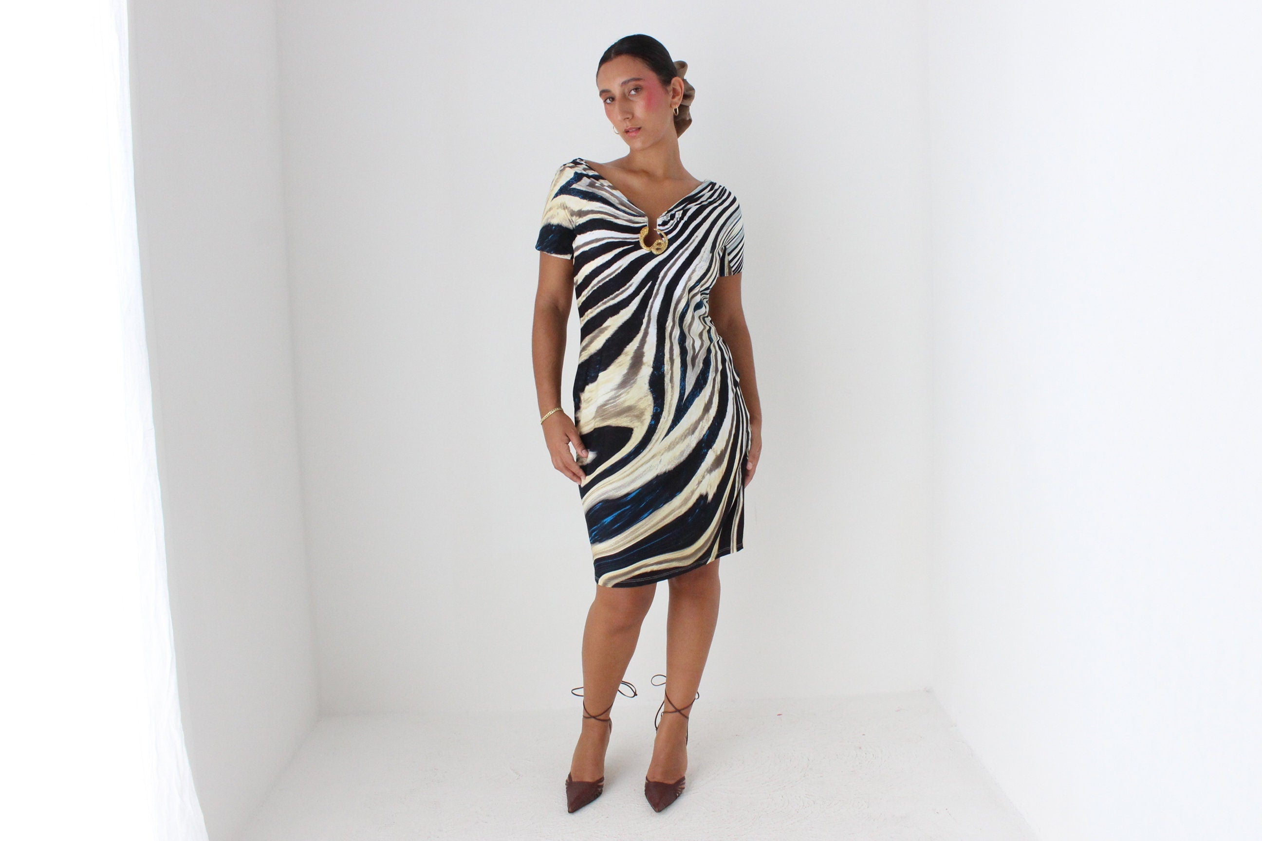 Y2K ROBERTO CAVALLI Animal Bandage Dress w/ Gold Metal Snake
