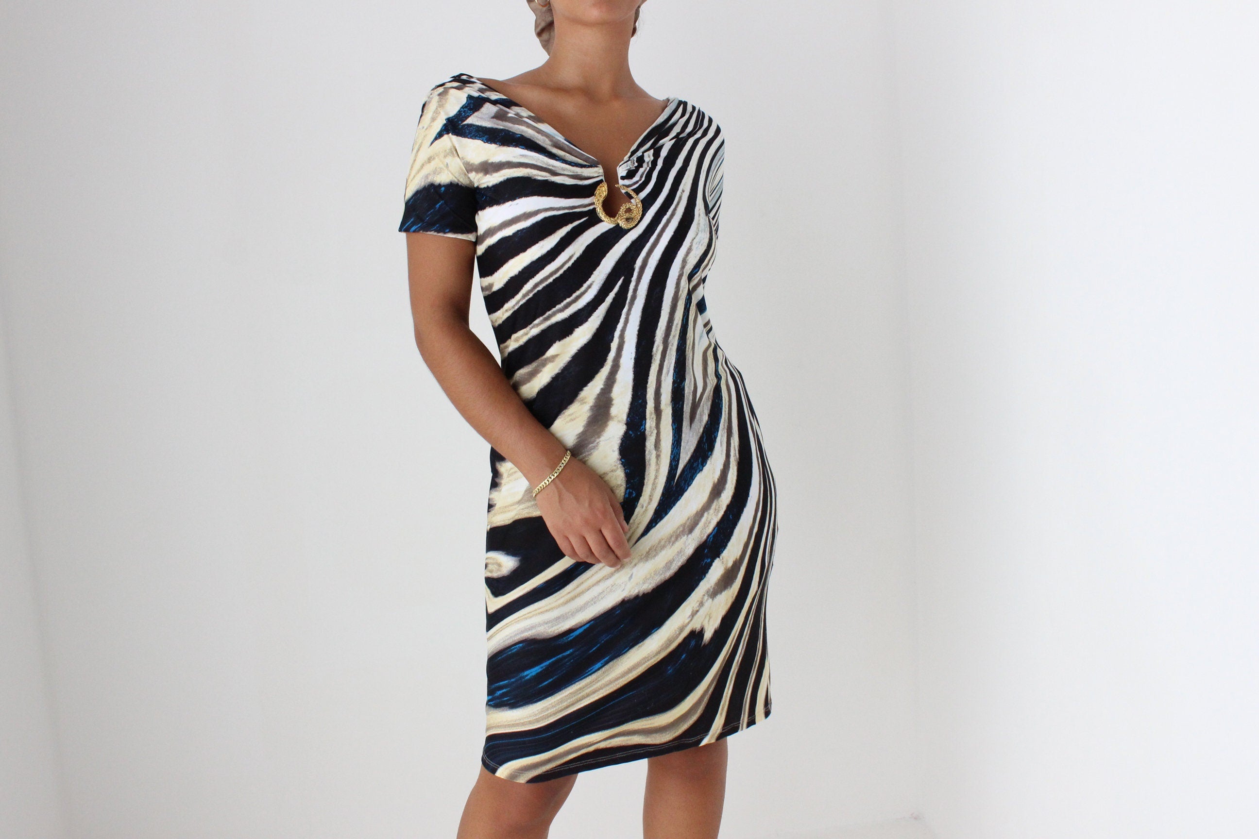 Y2K ROBERTO CAVALLI Animal Bandage Dress w/ Gold Metal Snake