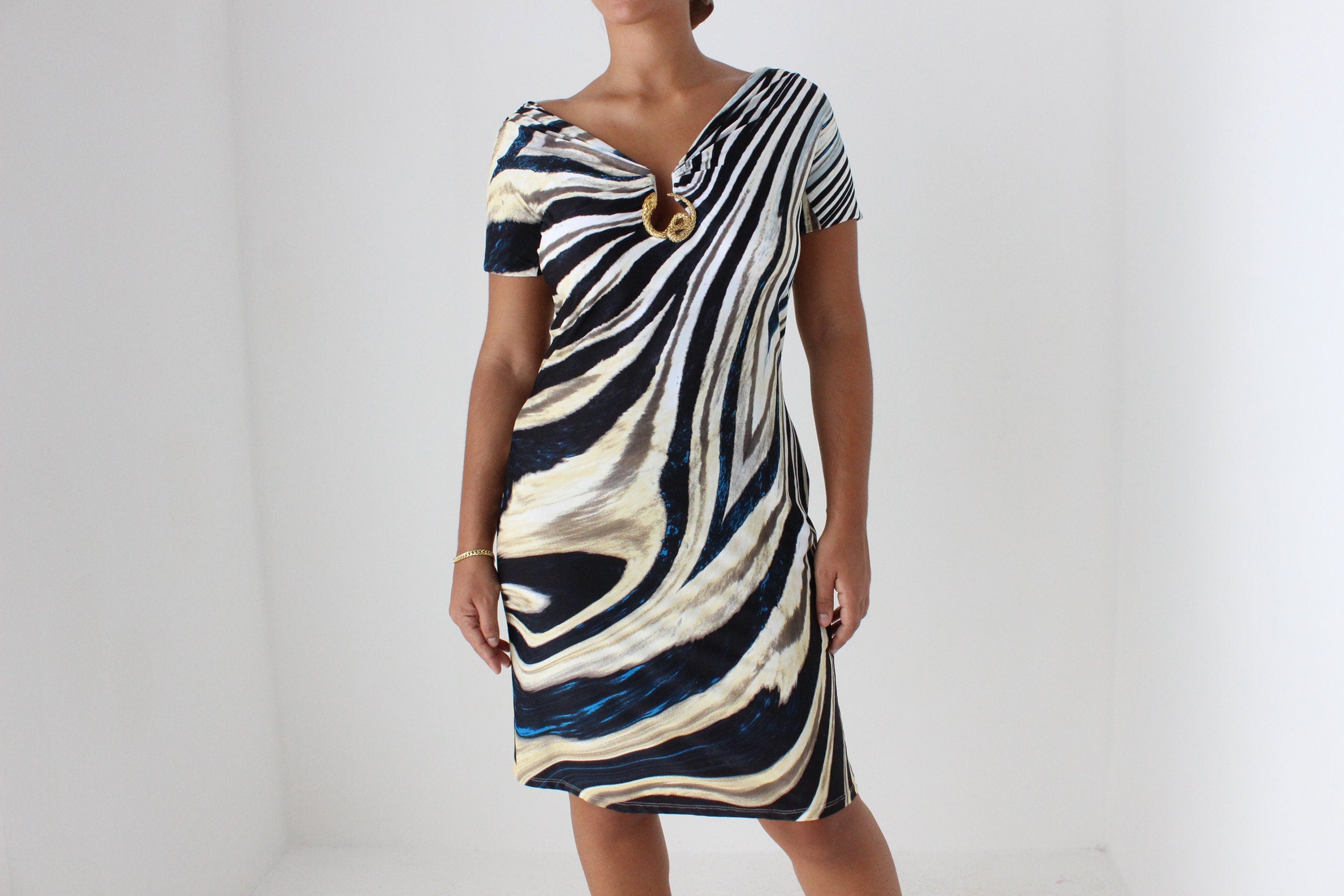 Y2K ROBERTO CAVALLI Animal Bandage Dress w/ Gold Metal Snake