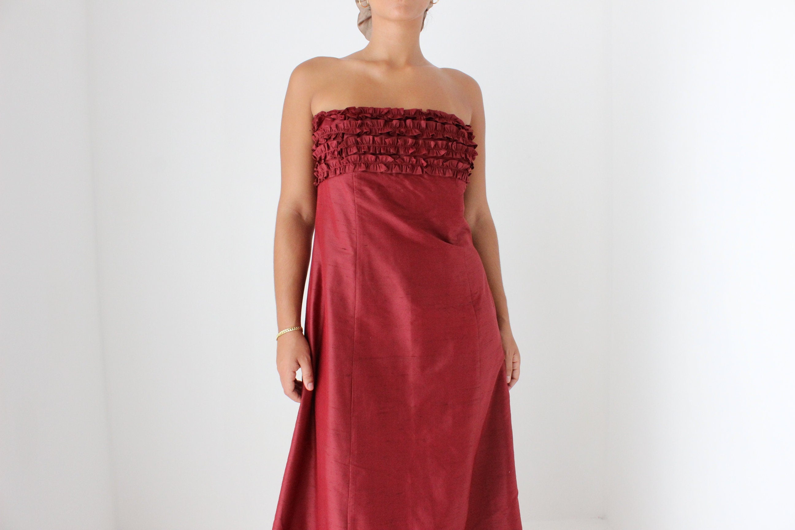 2000s Raw Silk Strapless Ruffle Formal Gown