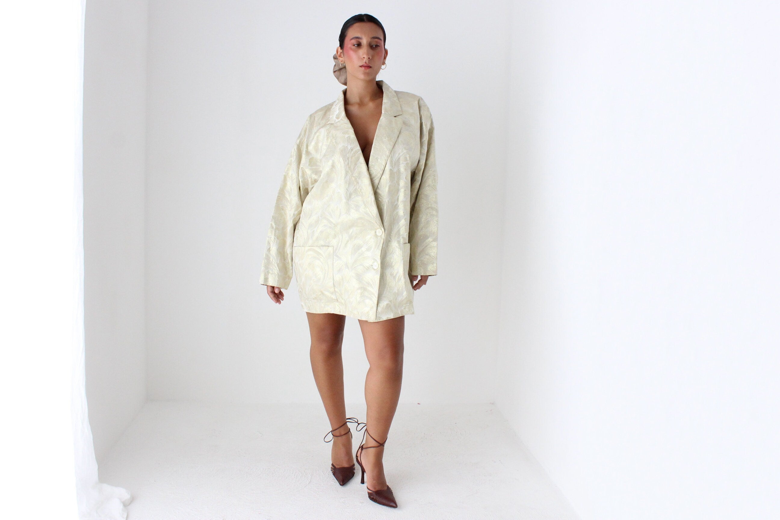 80s Golden Brocade Metallic Oversized Blazer Mini