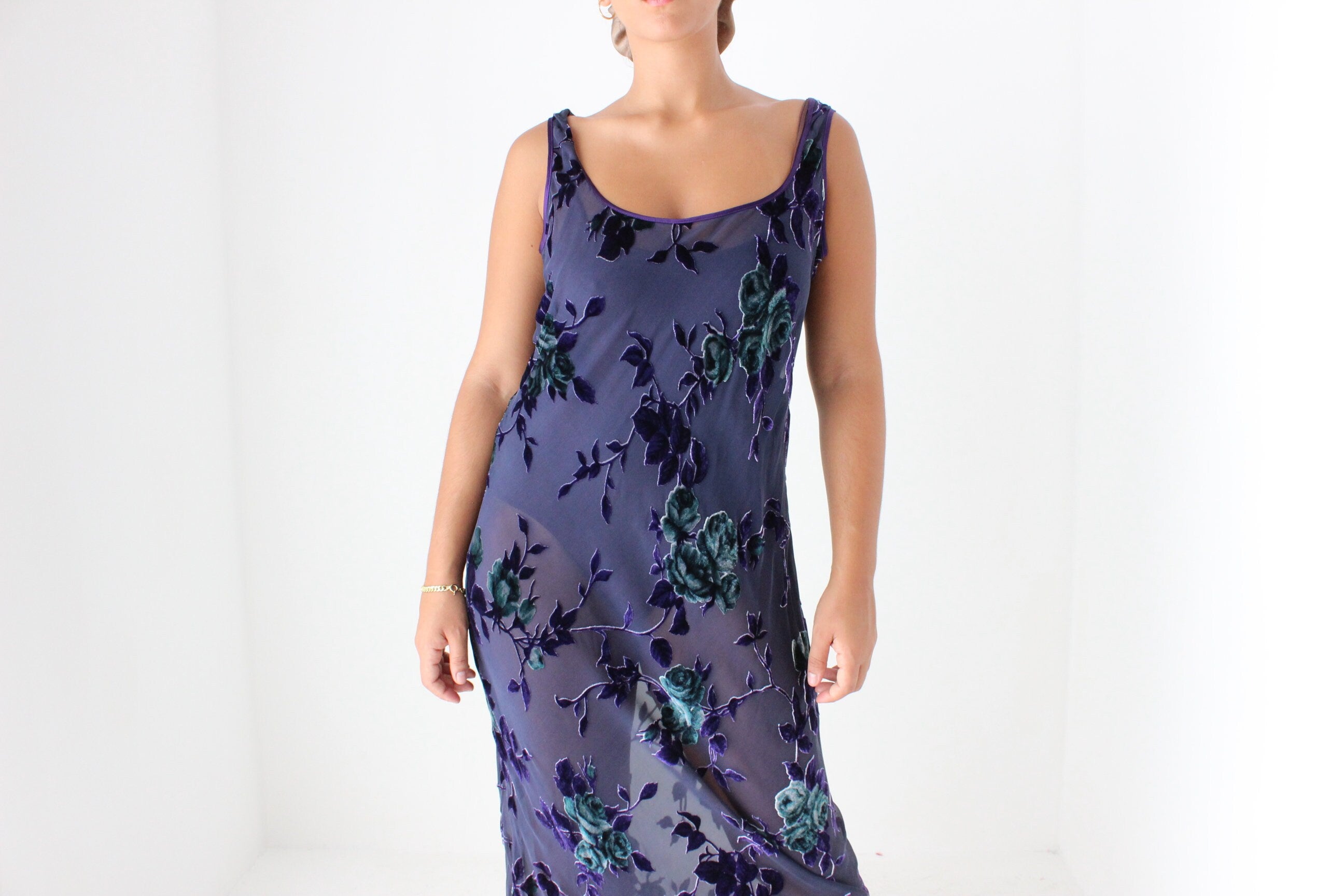 90s PURE SILK VELVET Floral Burnout Bias Cut Scoop Neck Party Gown