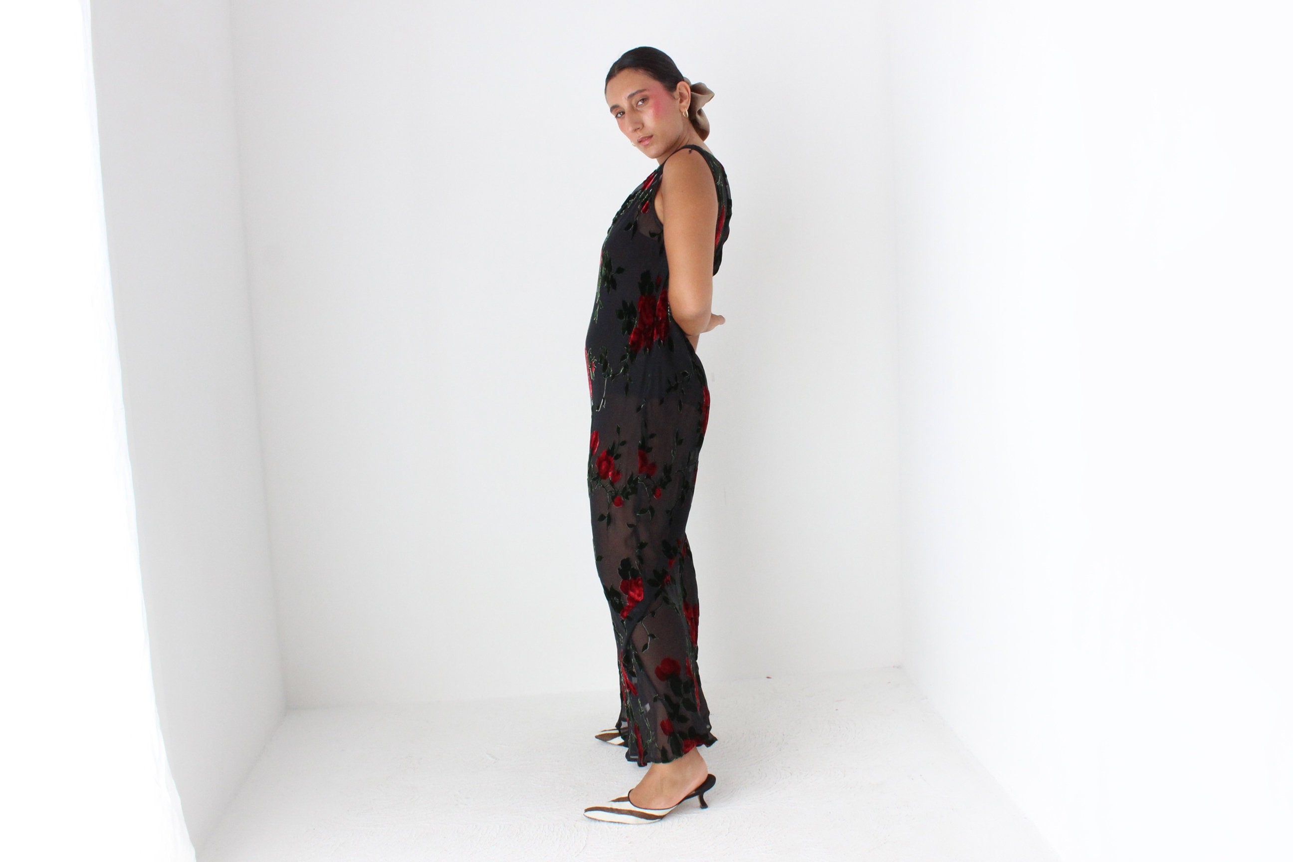 90s Romantic Red Rose Silk Velvet Burnout Gown