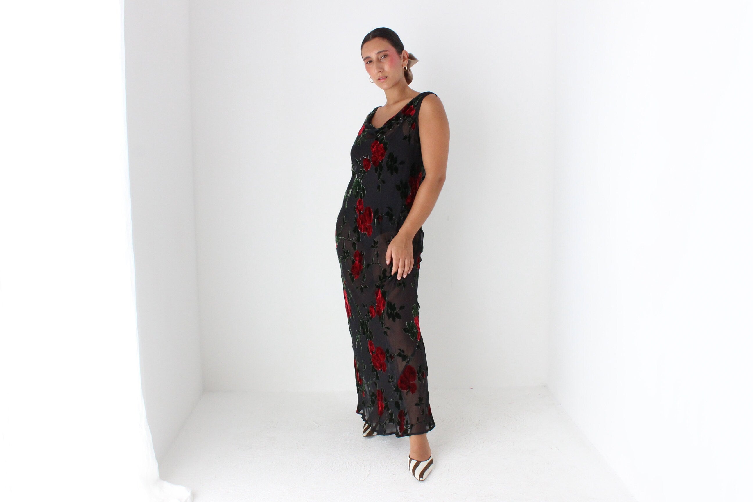 90s Romantic Red Rose Silk Velvet Burnout Gown