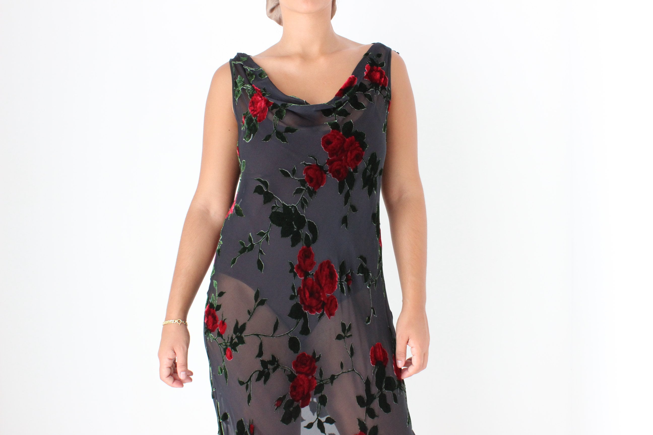 90s Romantic Red Rose Silk Velvet Burnout Gown
