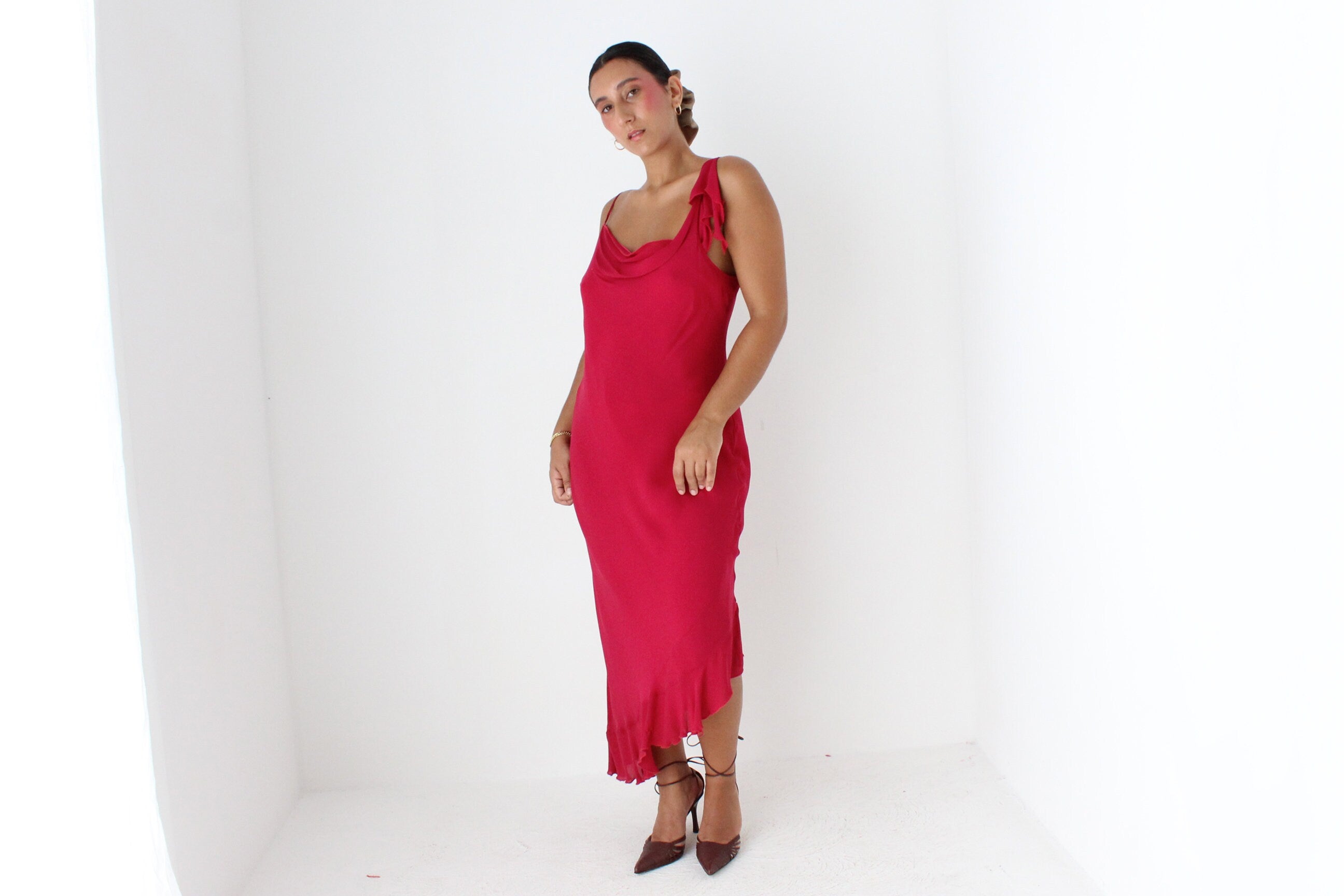 Y2K PURE SILK Magenta Asymmetric Slip Dress