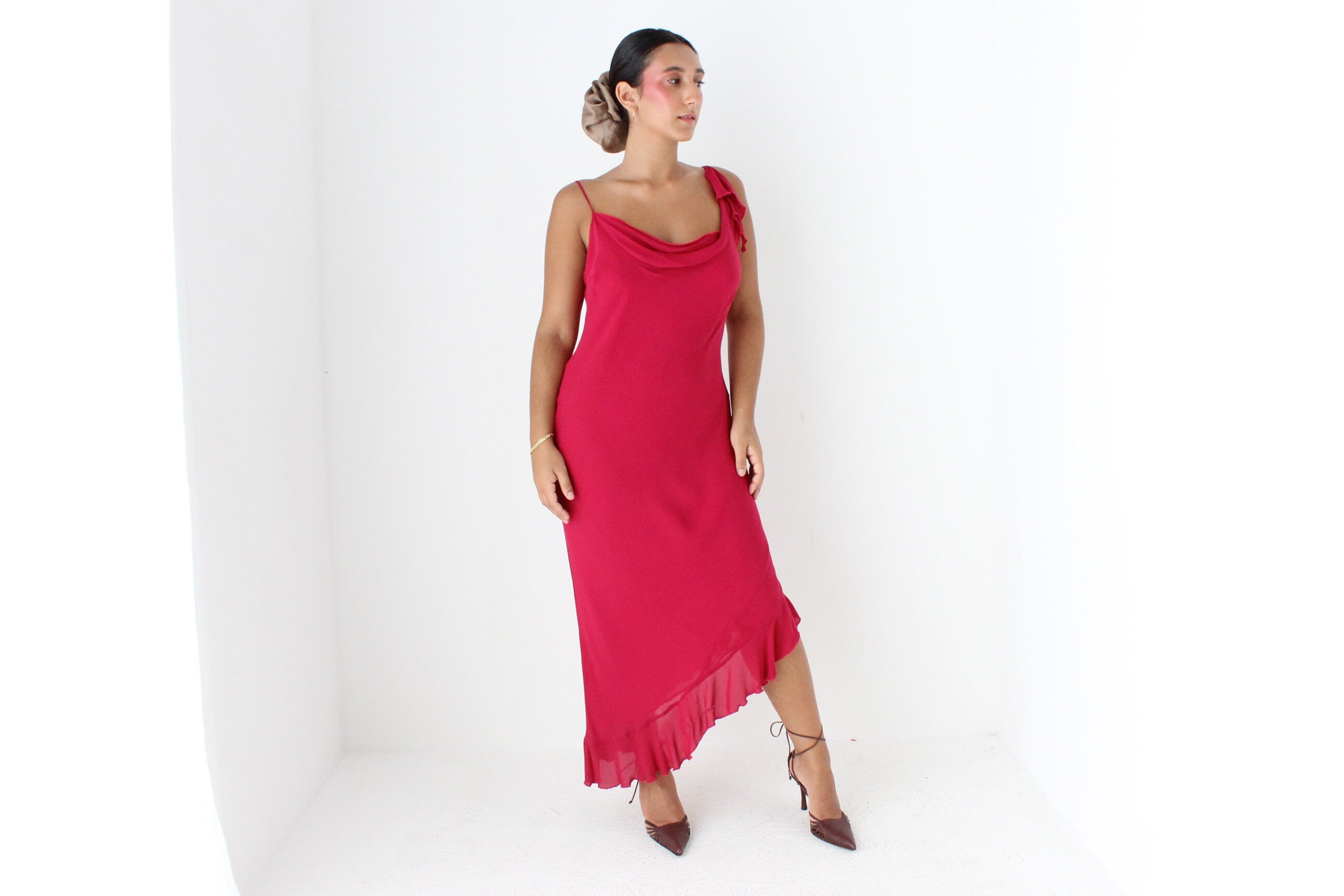 Y2K PURE SILK Magenta Asymmetric Slip Dress
