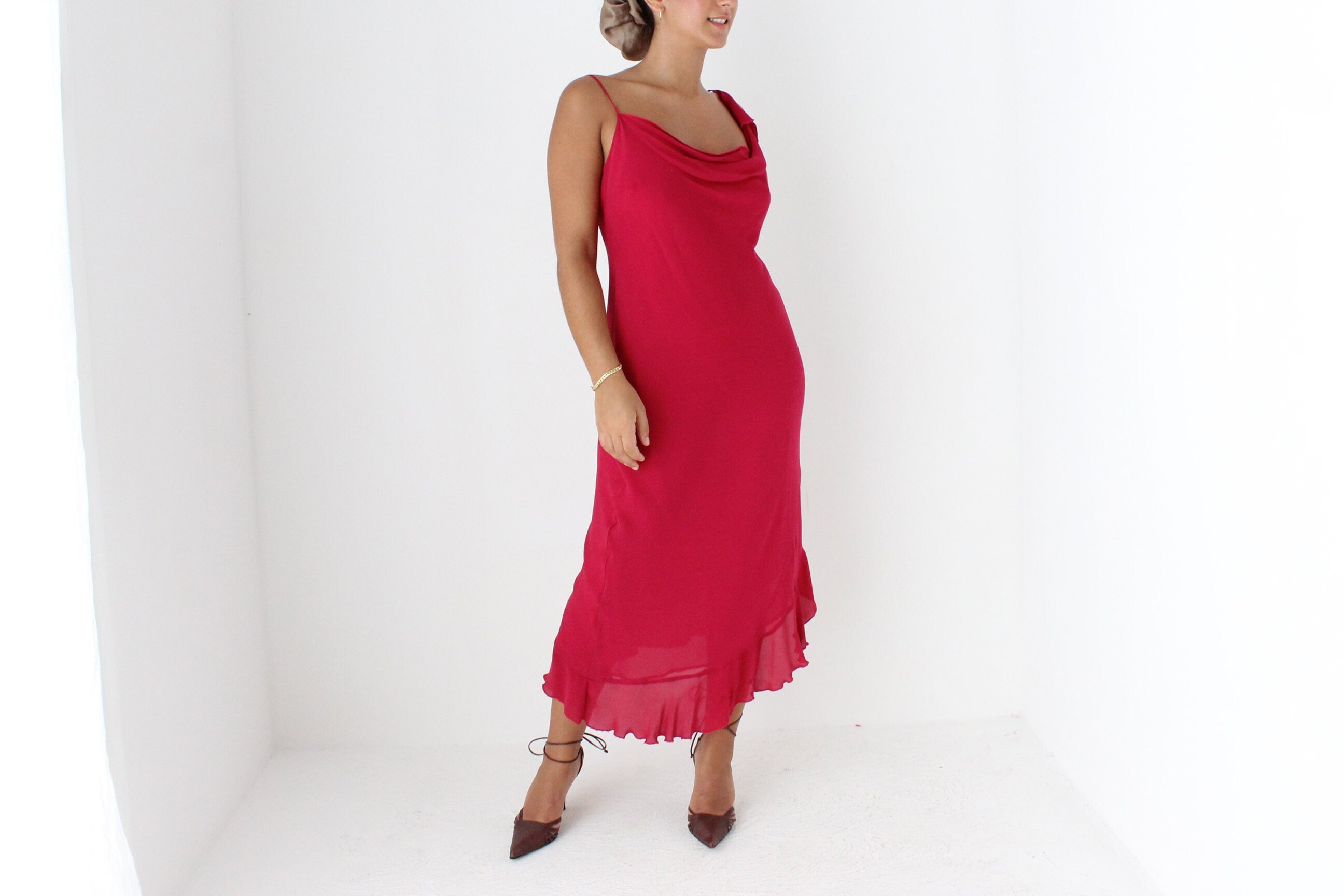 Y2K PURE SILK Magenta Asymmetric Slip Dress