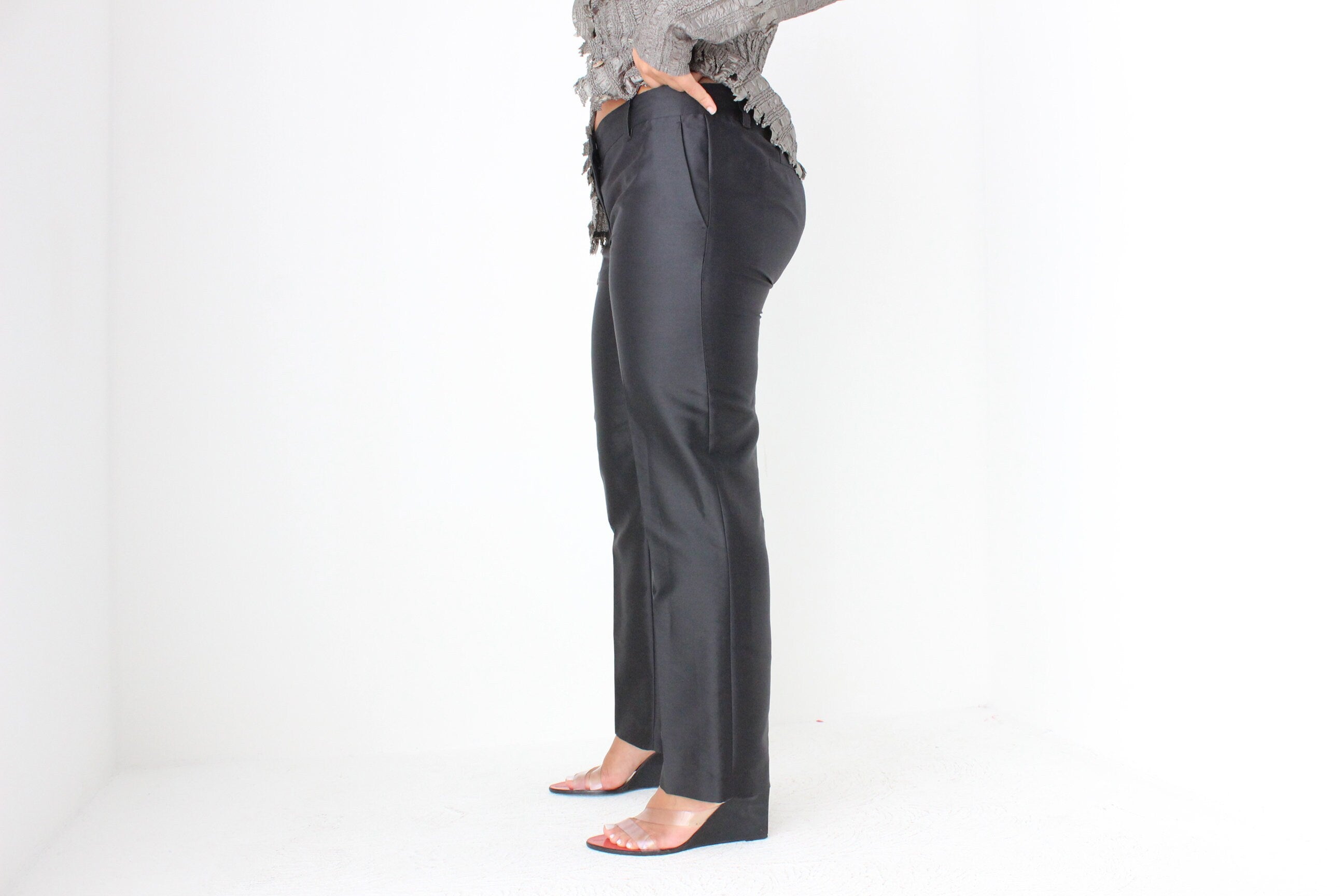 2000s PRADA Minimal Black Slim Trousers w/ Metallic Sheen