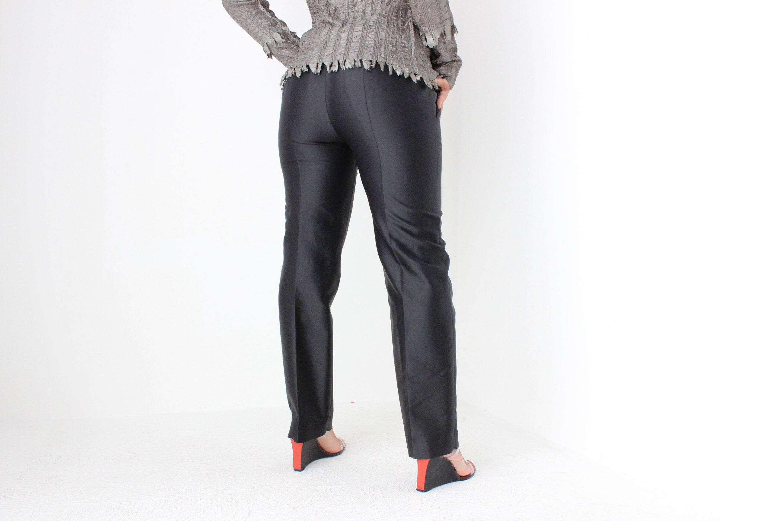 2000s PRADA Minimal Black Slim Trousers w/ Metallic Sheen