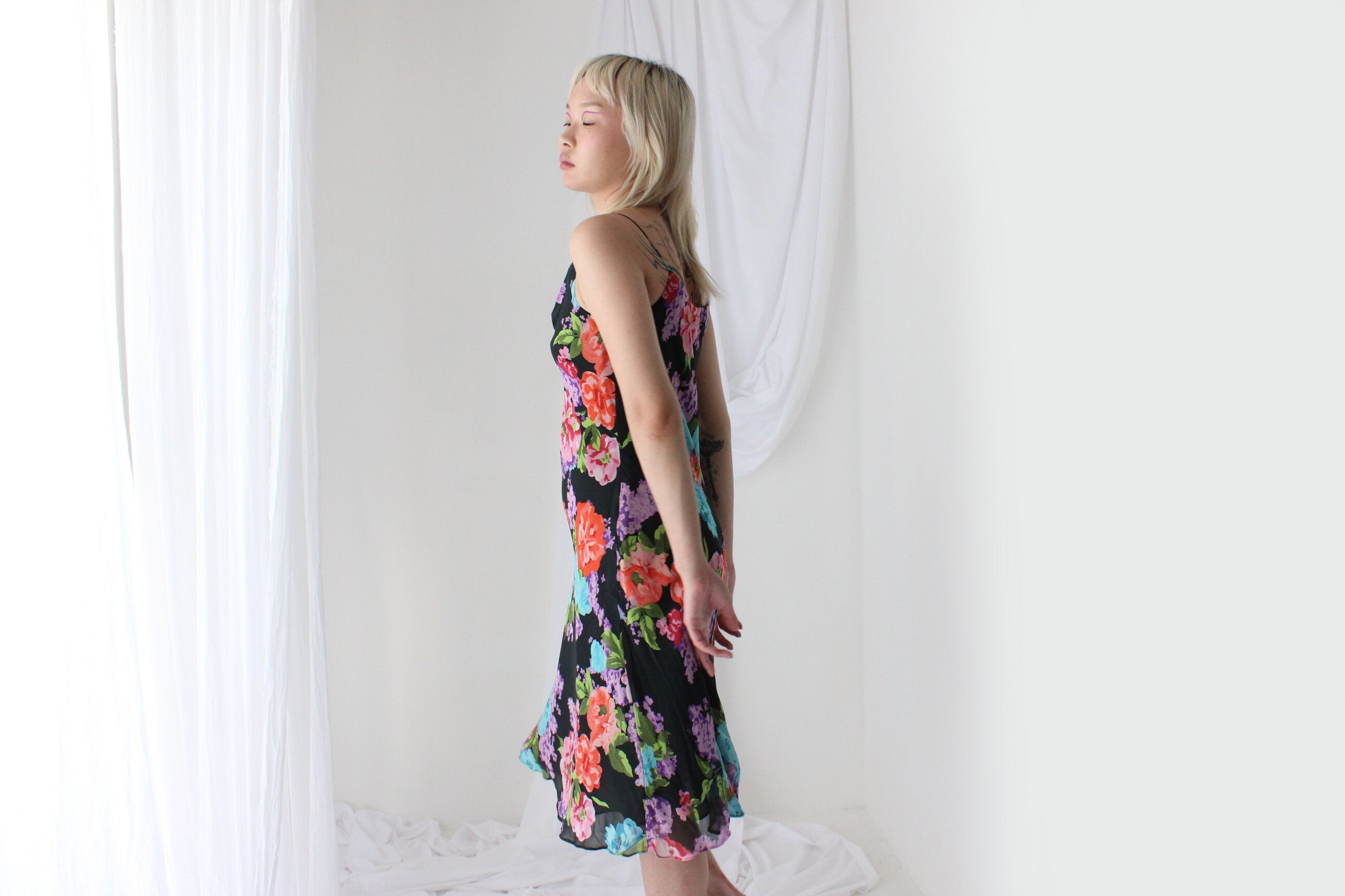 Y2K PURE SILK Vibrant Floral Spaghetti Strap Dress