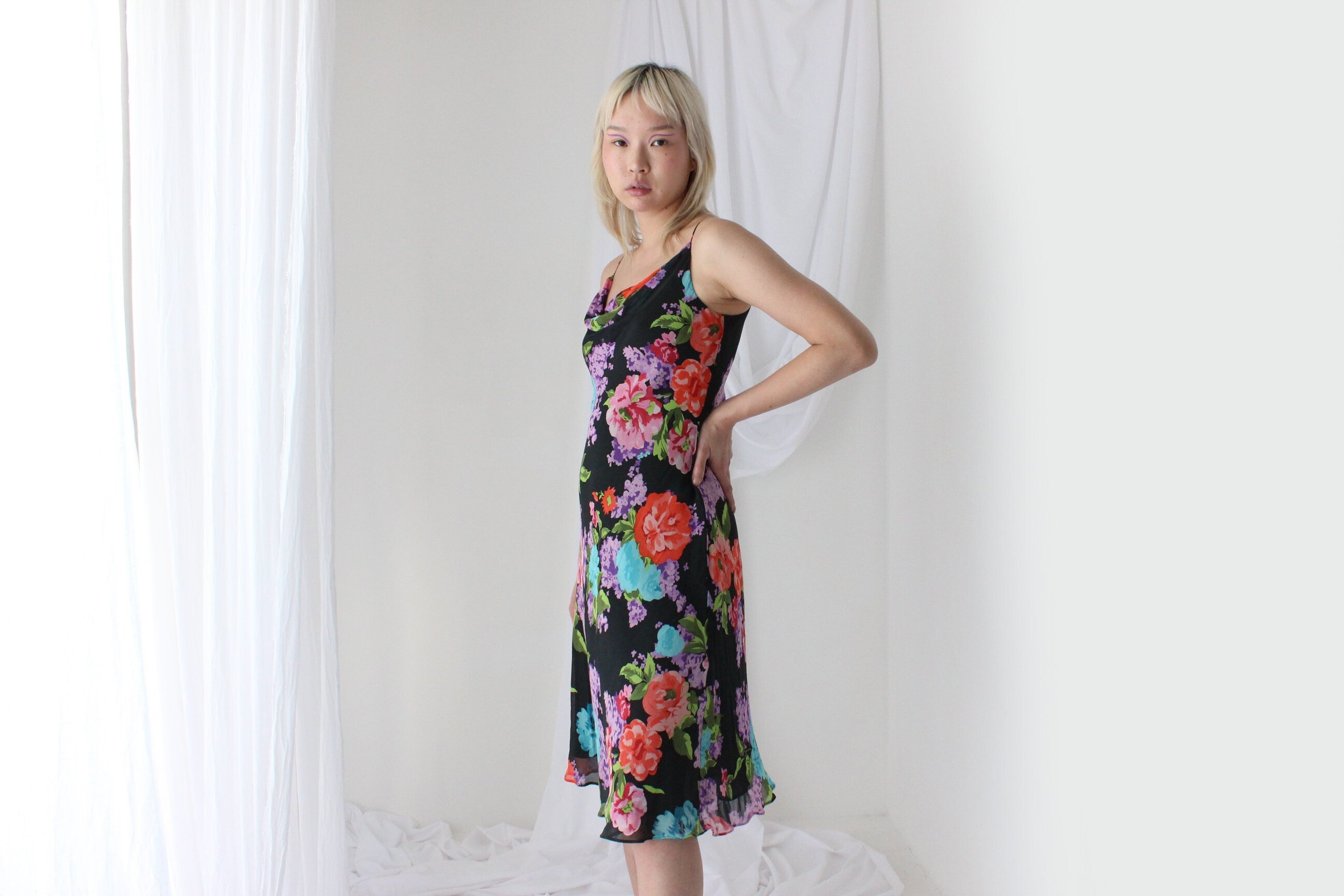 Y2K PURE SILK Vibrant Floral Spaghetti Strap Dress
