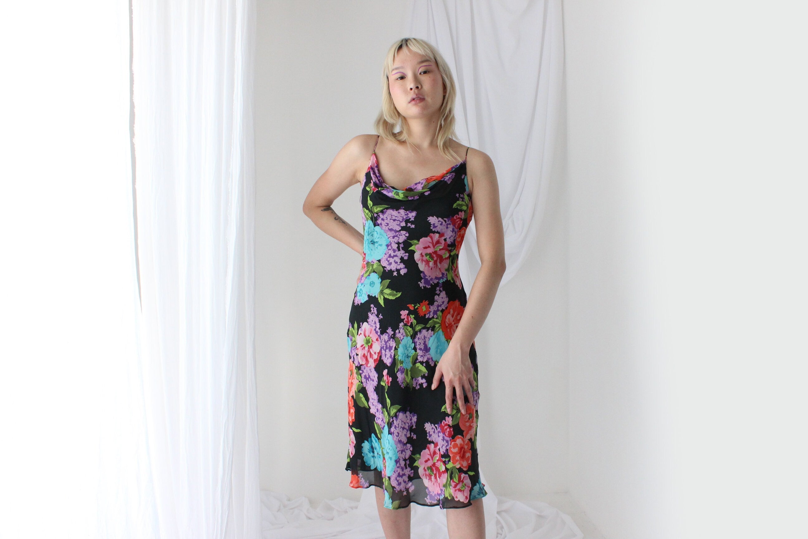 Y2K PURE SILK Vibrant Floral Spaghetti Strap Dress
