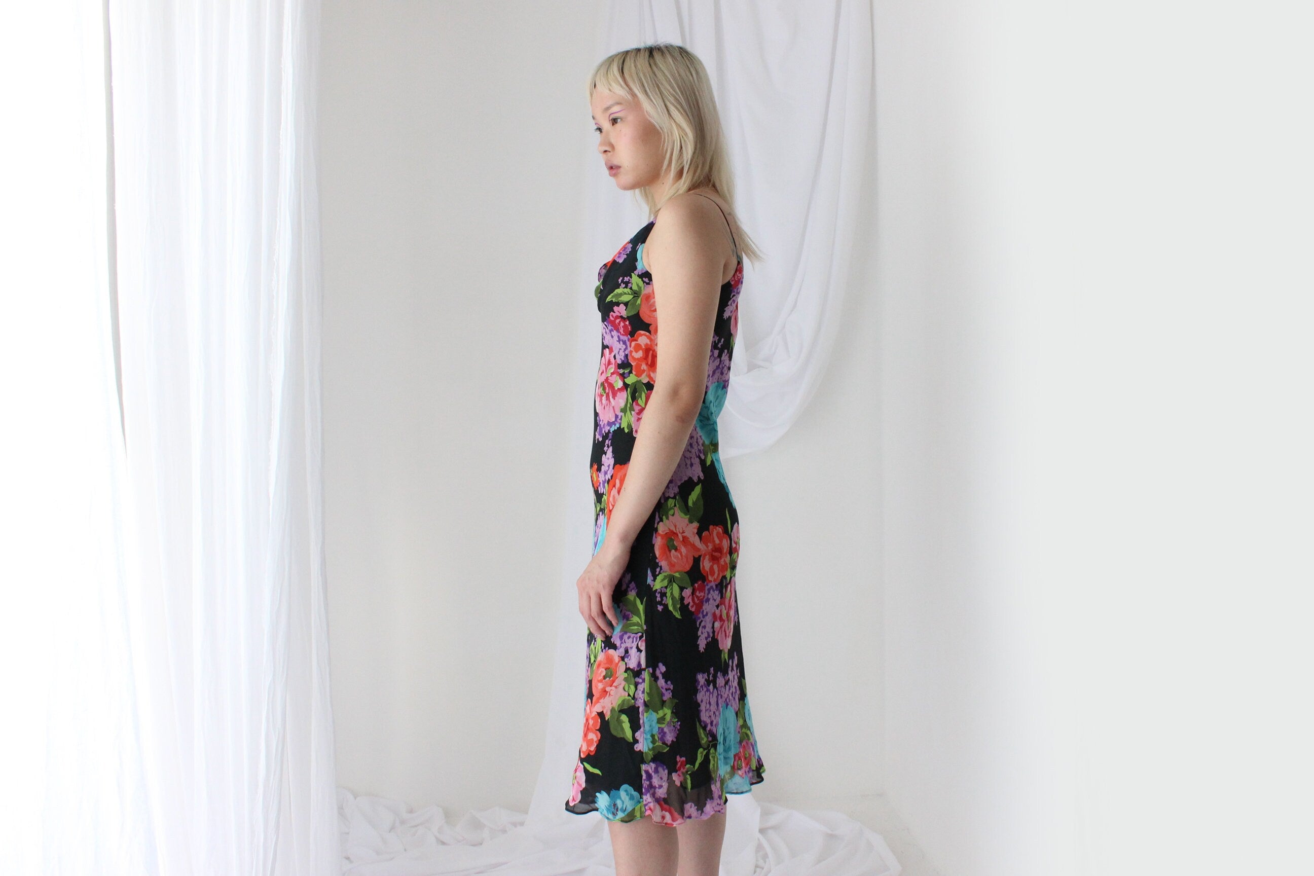 Y2K PURE SILK Vibrant Floral Spaghetti Strap Dress
