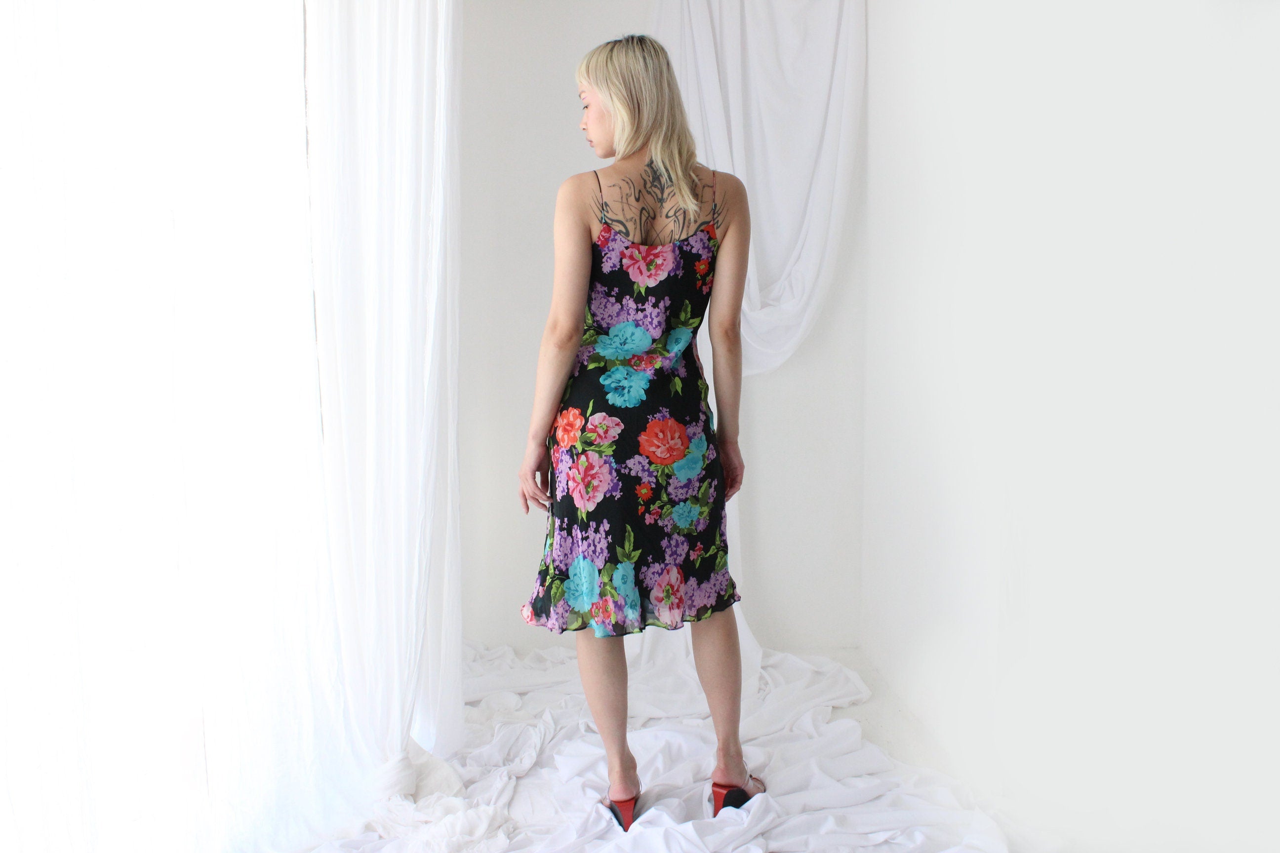 Y2K PURE SILK Vibrant Floral Spaghetti Strap Dress