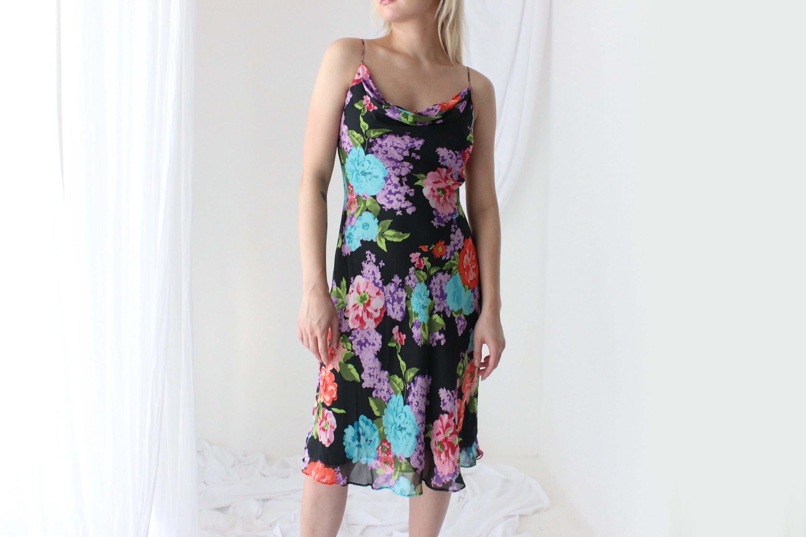 Y2K PURE SILK Vibrant Floral Spaghetti Strap Dress