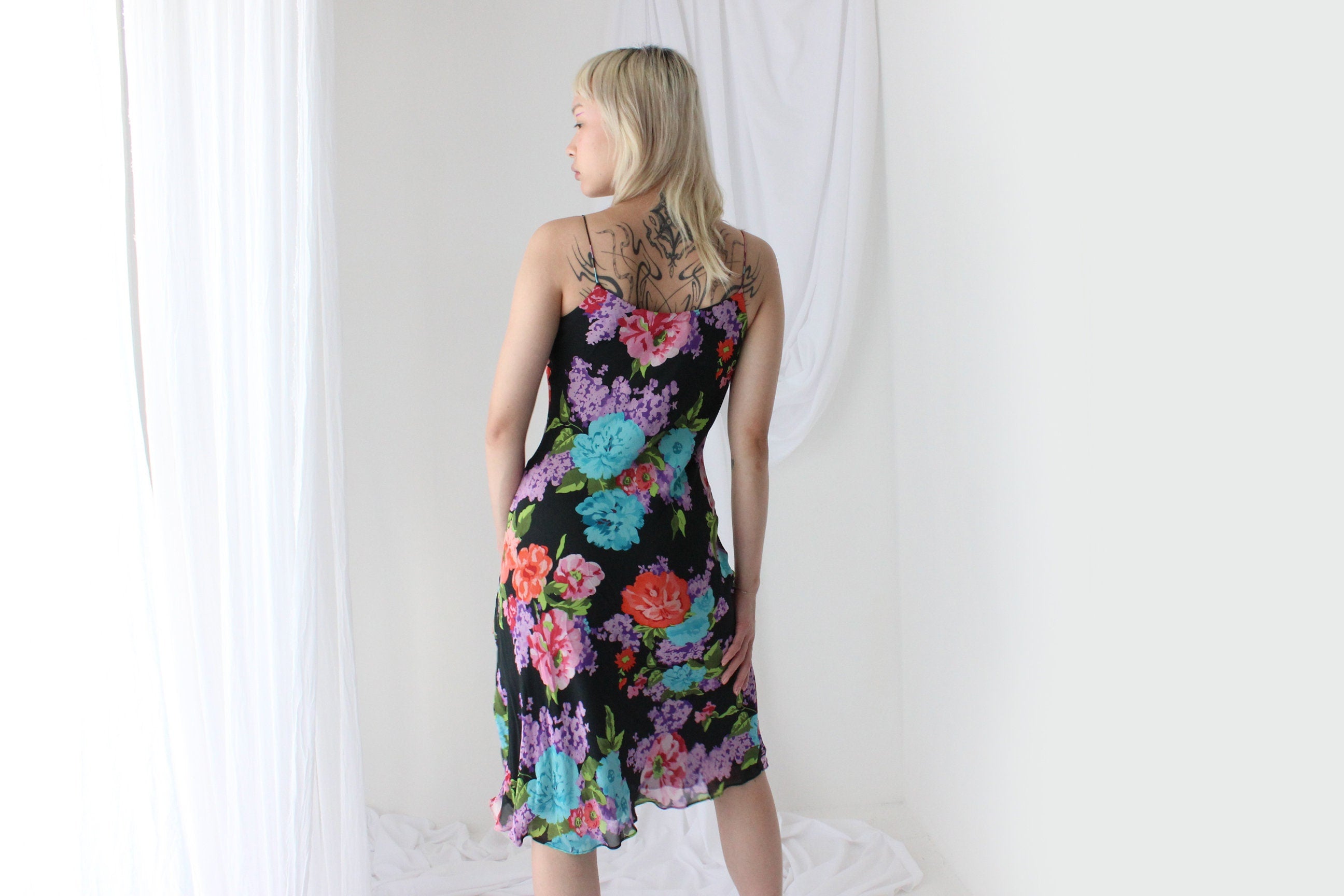 Y2K PURE SILK Vibrant Floral Spaghetti Strap Dress