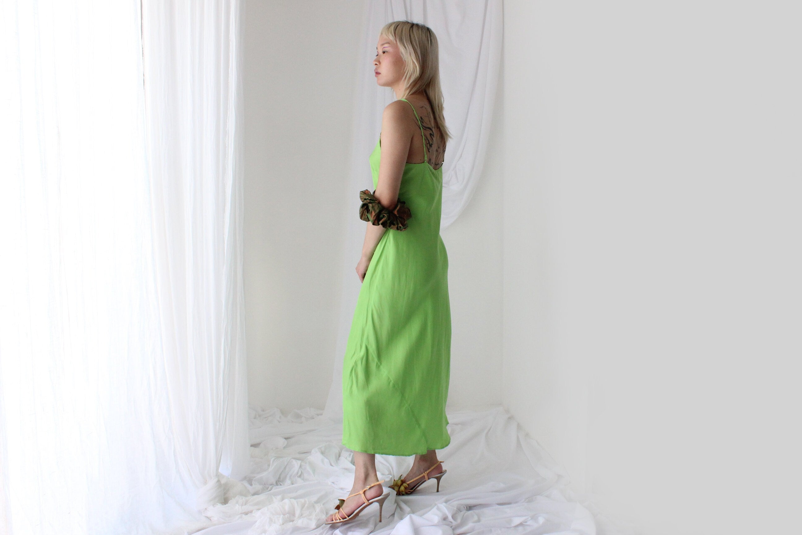 90s Pure Silk Bias Cut Slip Dress in Lime