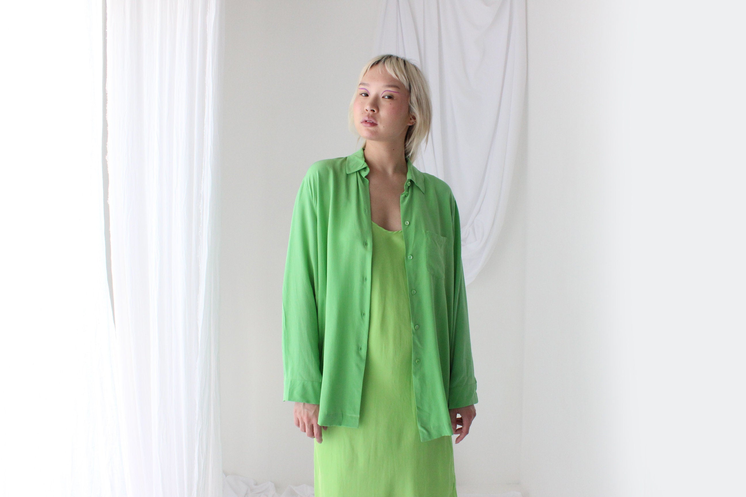 90s Silk Crêpe De Chine Luxurious Lime Green Shirt