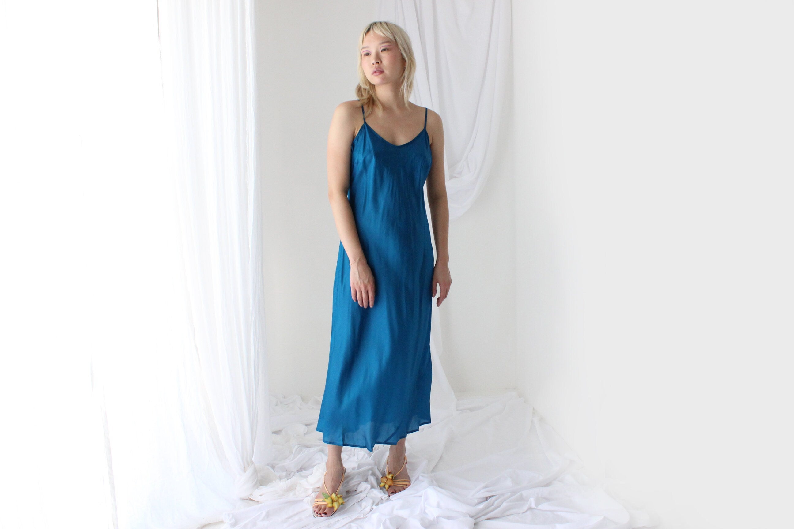 90s Pure Silk Bias Cut Slip Dress in Teal