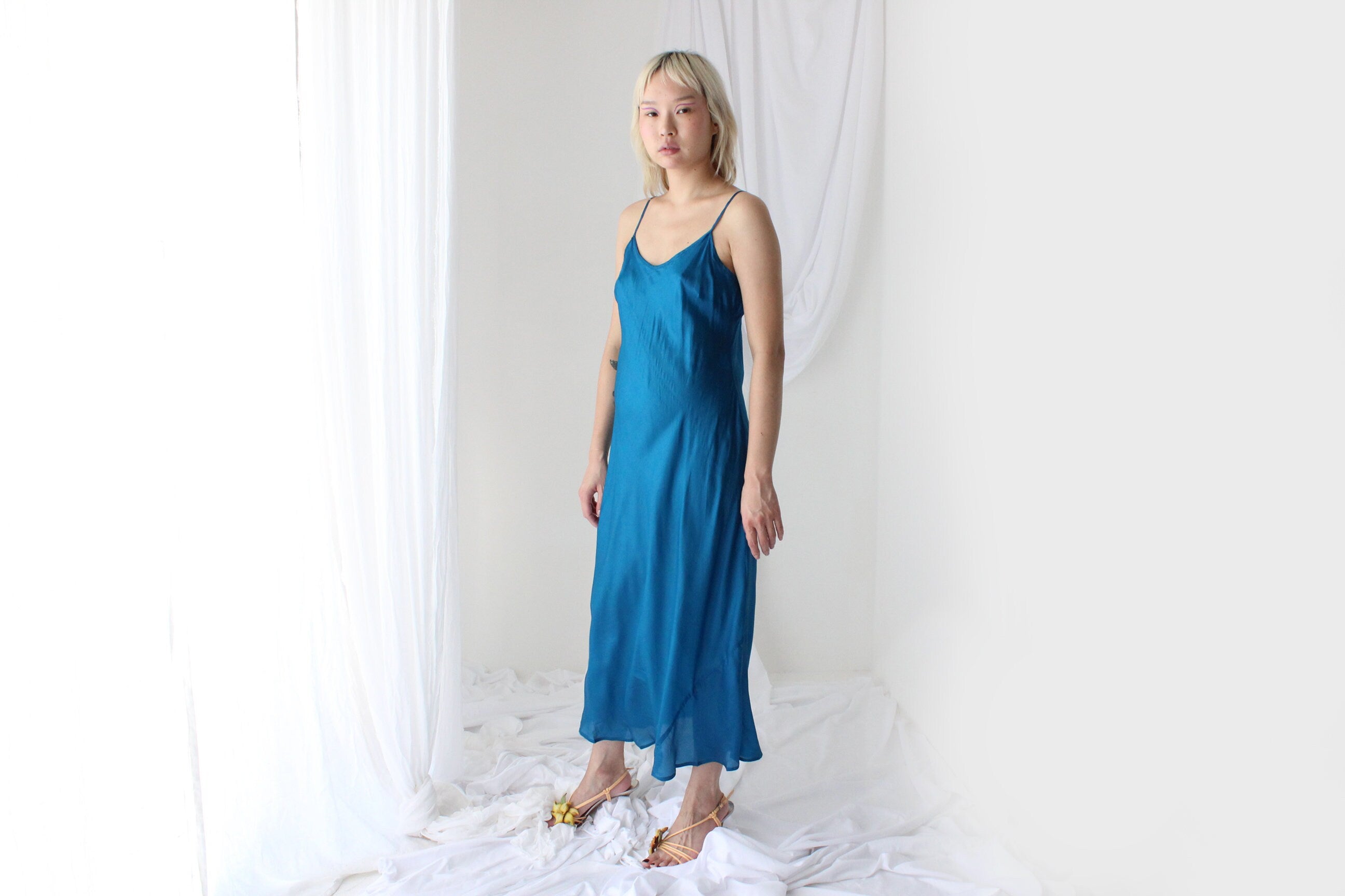 90s Pure Silk Bias Cut Slip Dress in Teal