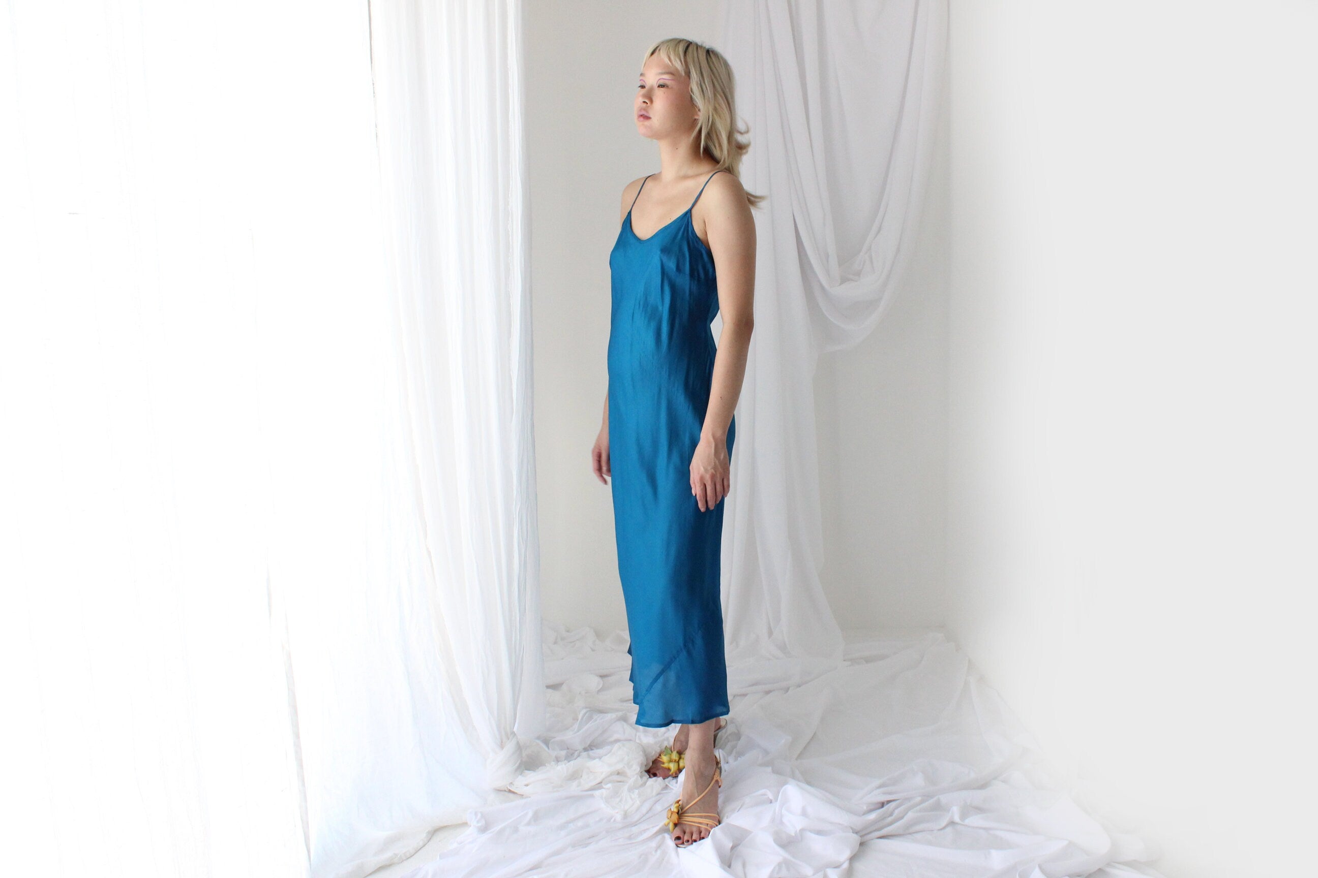 90s Pure Silk Bias Cut Slip Dress in Teal