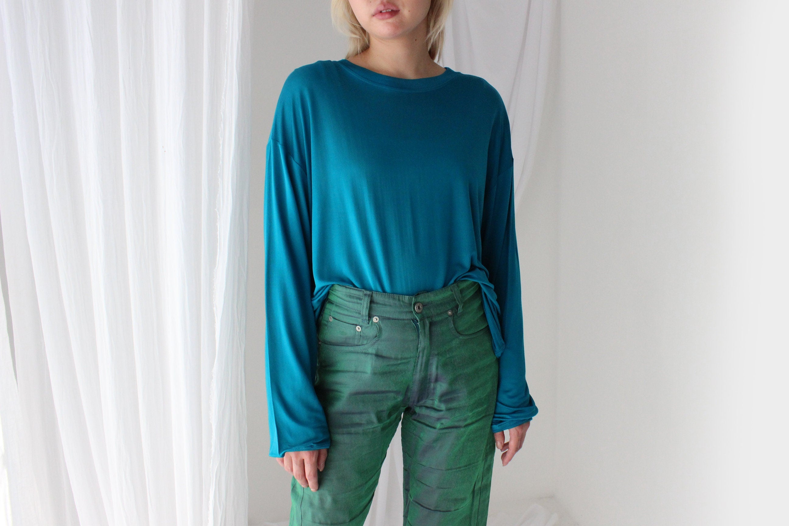 Luxury 80s PURE SILK JERSEY Minimal Slouch Top in Teal