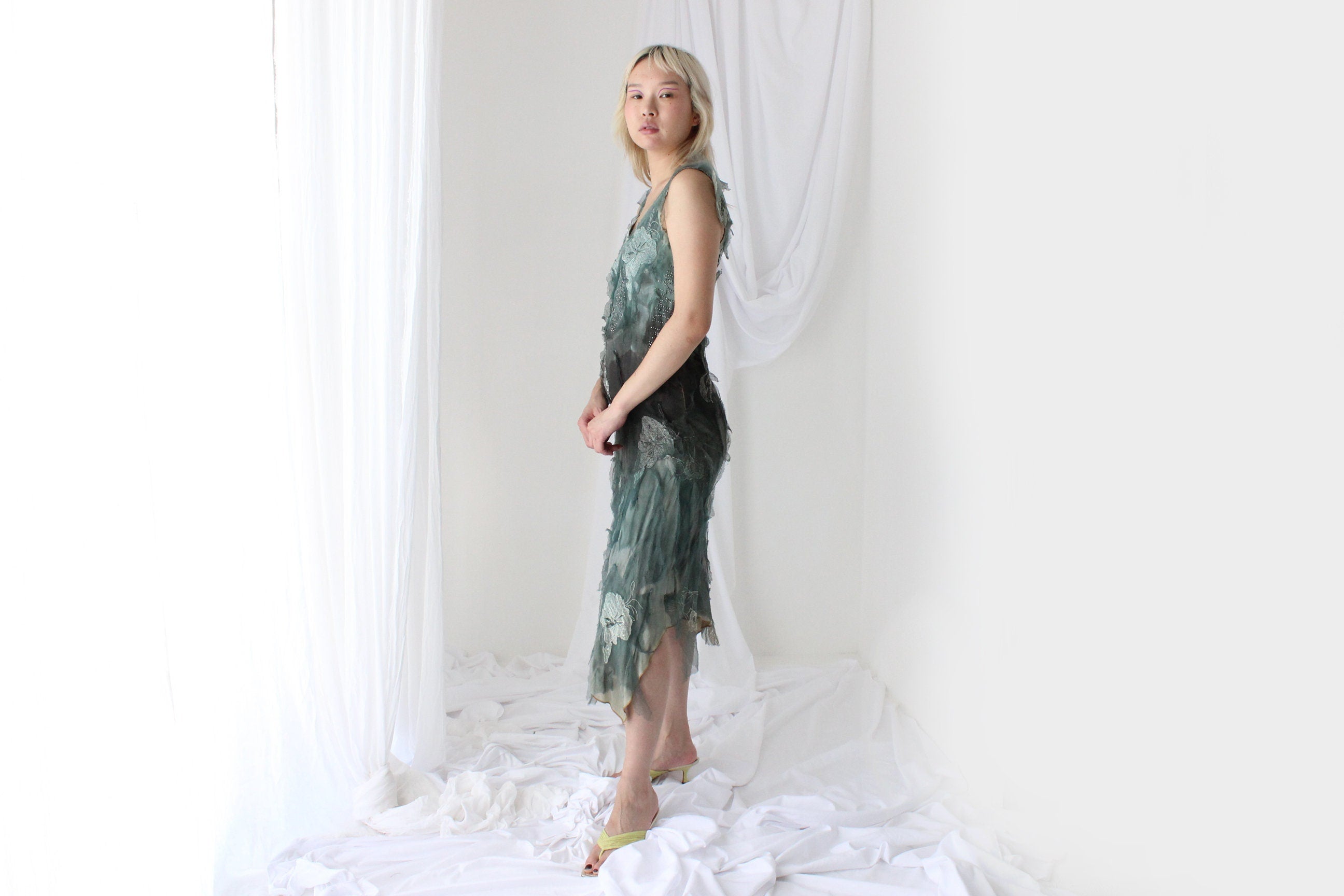 Y2K Italian Vintage Silk Evil Fairy Textured 3D Mesh & Crystal Dress