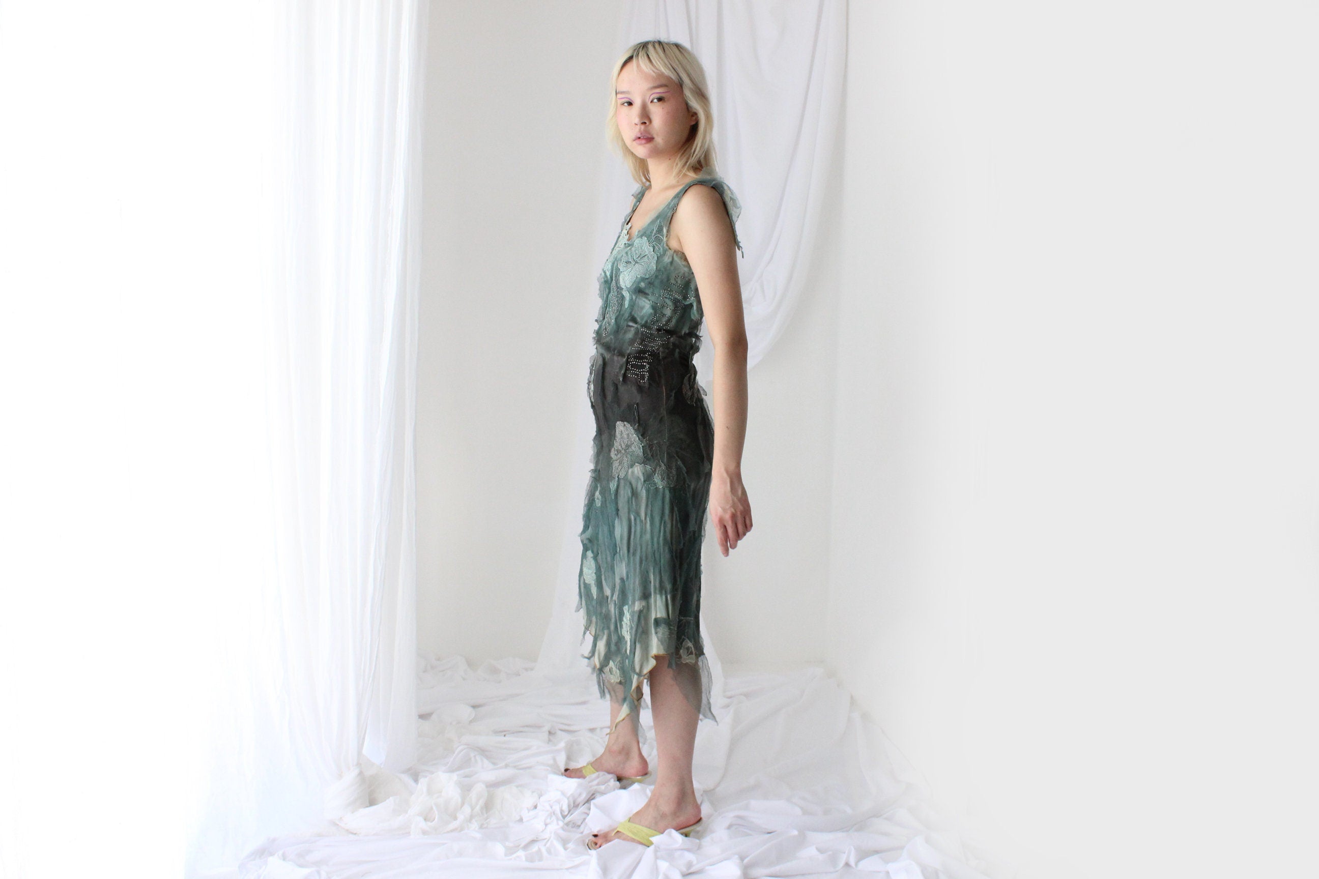 Y2K Italian Vintage Silk Evil Fairy Textured 3D Mesh & Crystal Dress