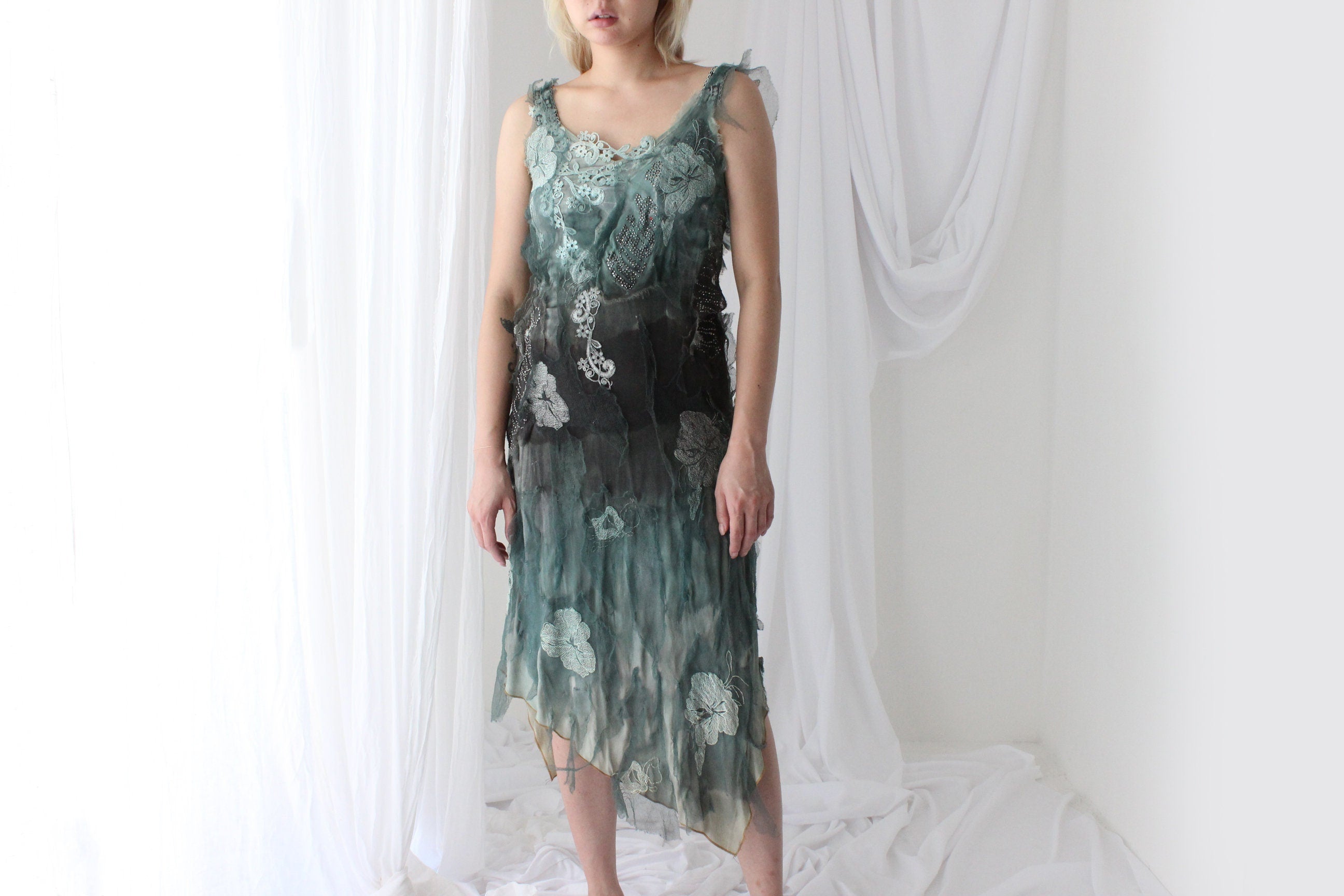 Y2K Italian Vintage Silk Evil Fairy Textured 3D Mesh & Crystal Dress