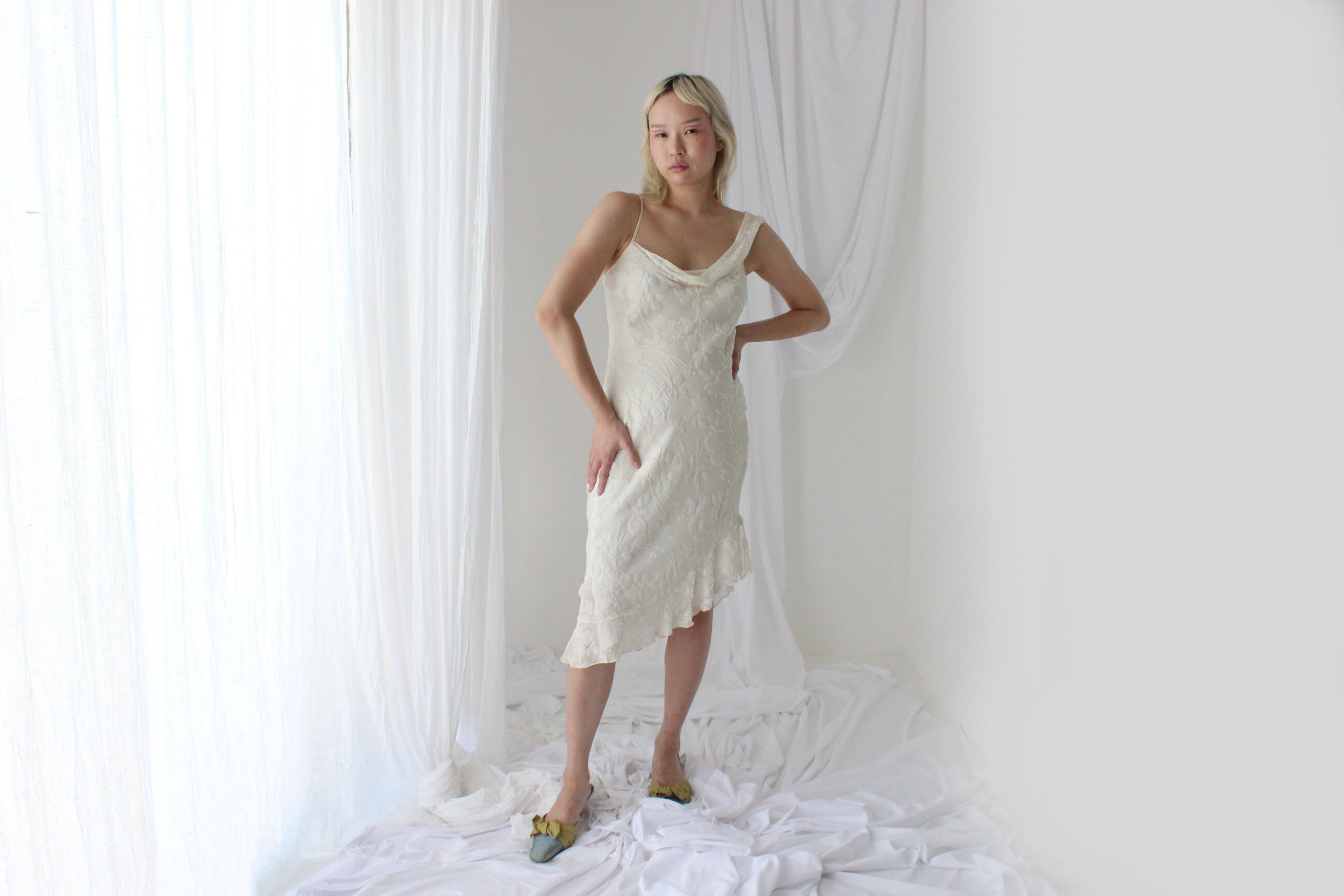 Y2K PURE SILK Ivory Velvet Burnout Asymmetric Dress