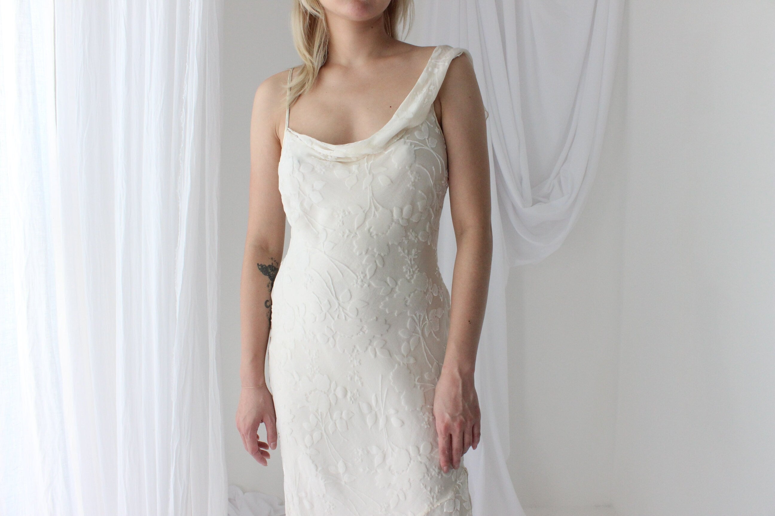 Y2K PURE SILK Ivory Velvet Burnout Asymmetric Dress