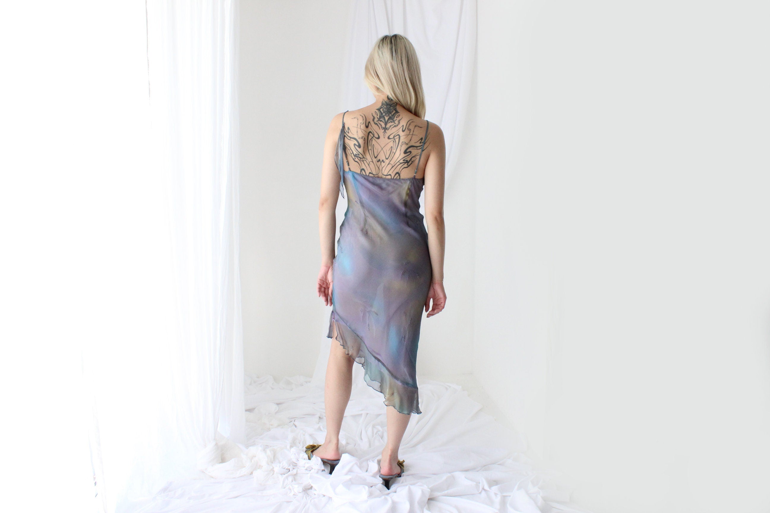 Y2K PURE SILK Faery Dress w/ Mottled Dye w/ Hand Beading