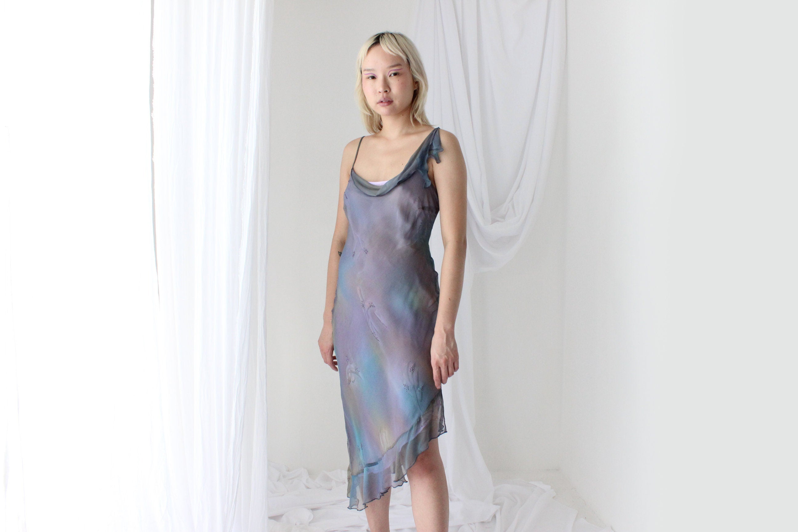 Y2K PURE SILK Faery Dress w/ Mottled Dye w/ Hand Beading