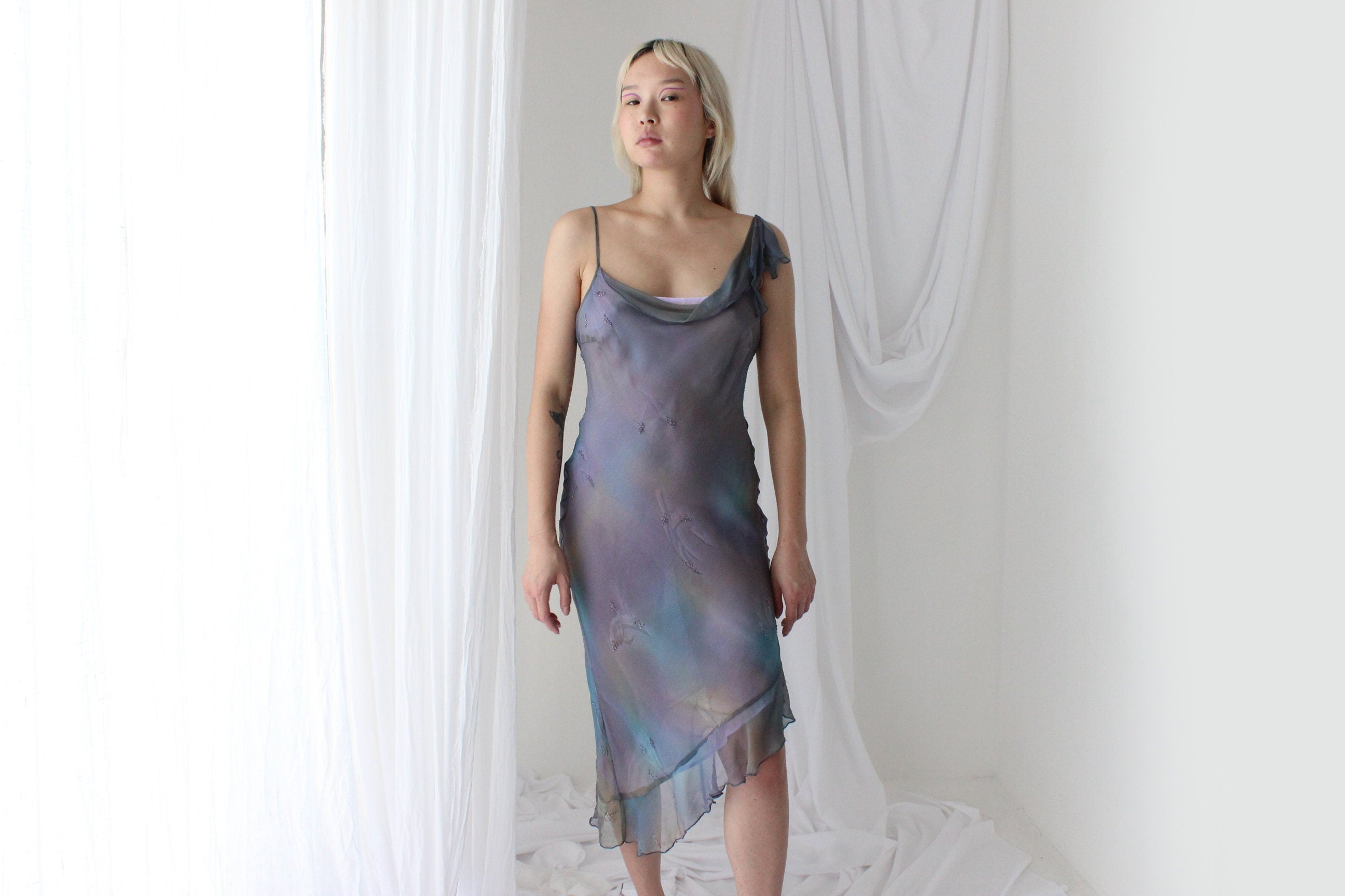 Y2K PURE SILK Faery Dress w/ Mottled Dye w/ Hand Beading