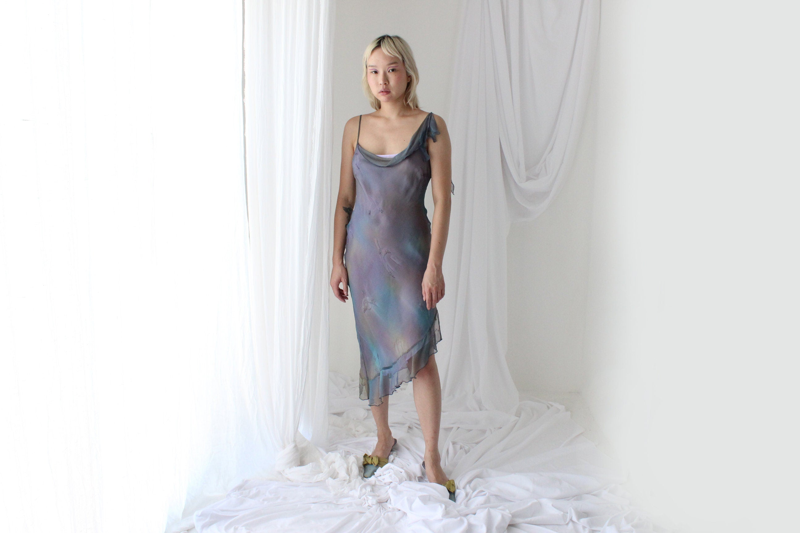 Y2K PURE SILK Faery Dress w/ Mottled Dye w/ Hand Beading