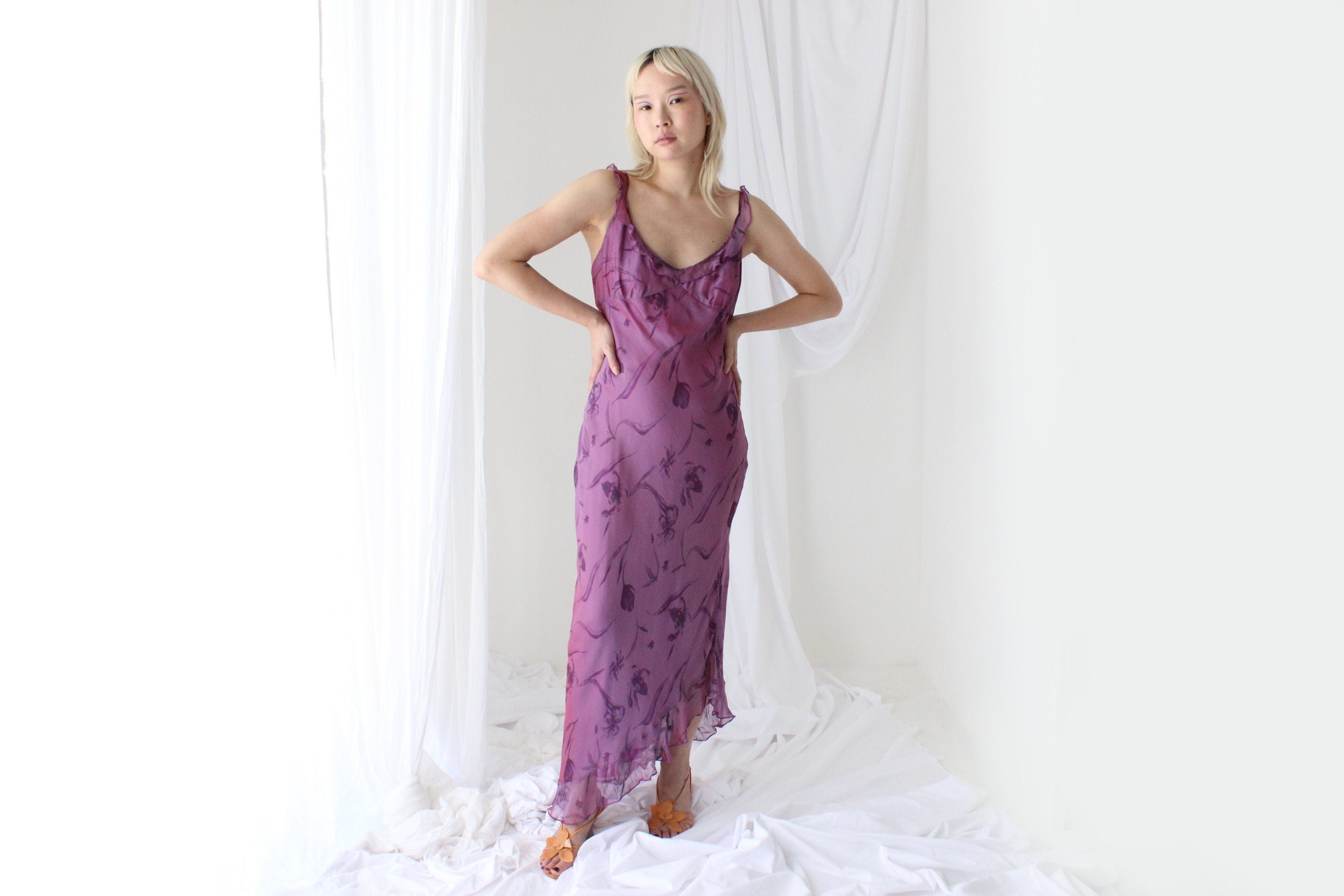Y2K PURE SILK Holographic Shimmer Ruffle Dress