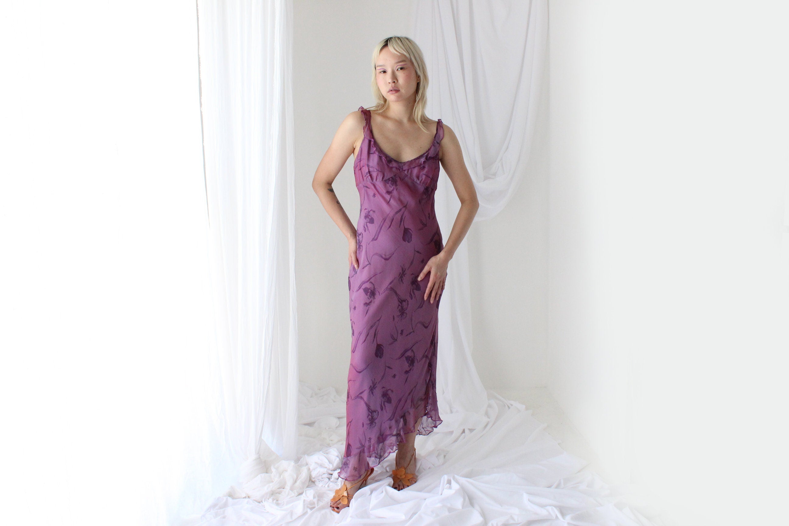 Y2K PURE SILK Holographic Shimmer Ruffle Dress