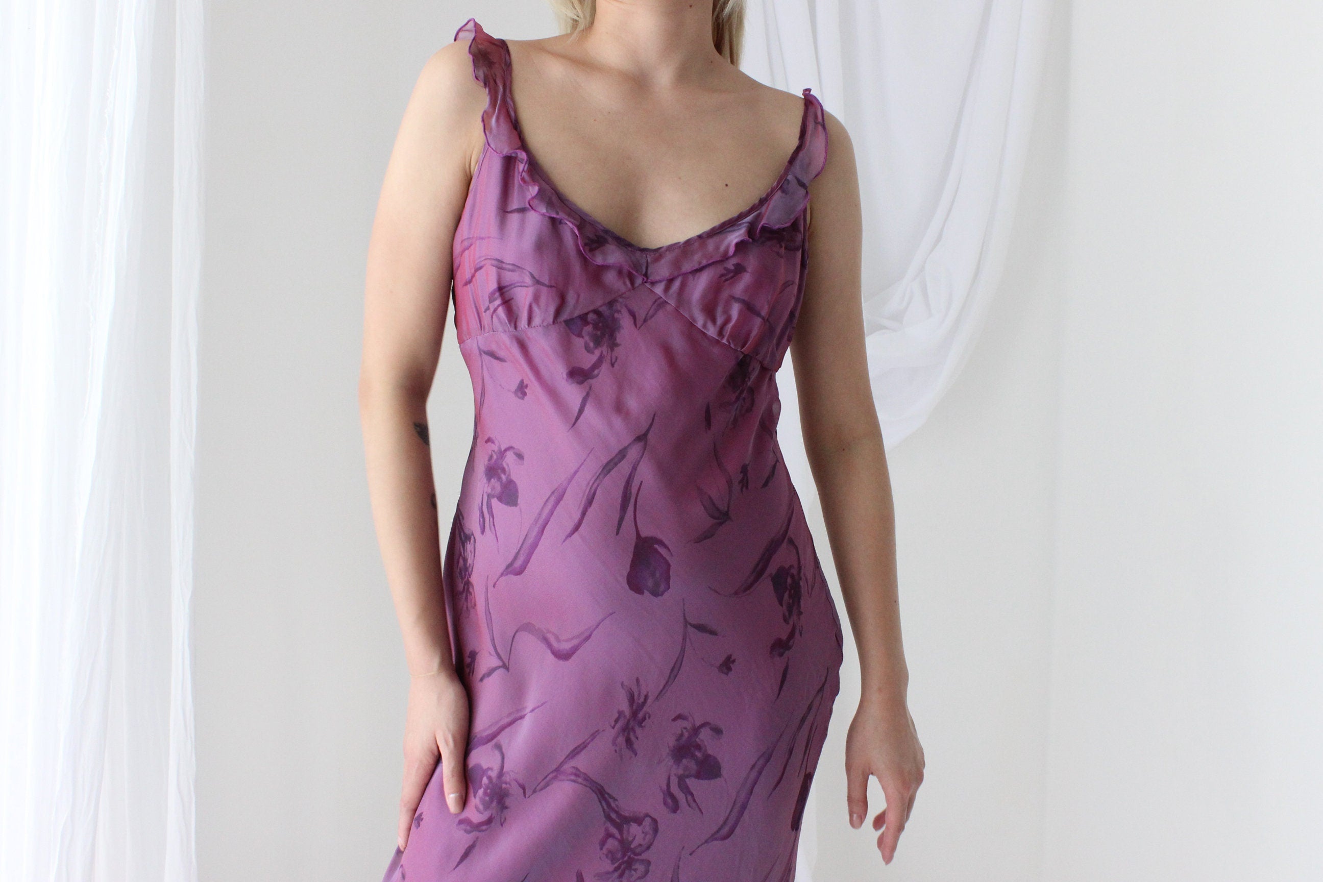 Y2K PURE SILK Holographic Shimmer Ruffle Dress