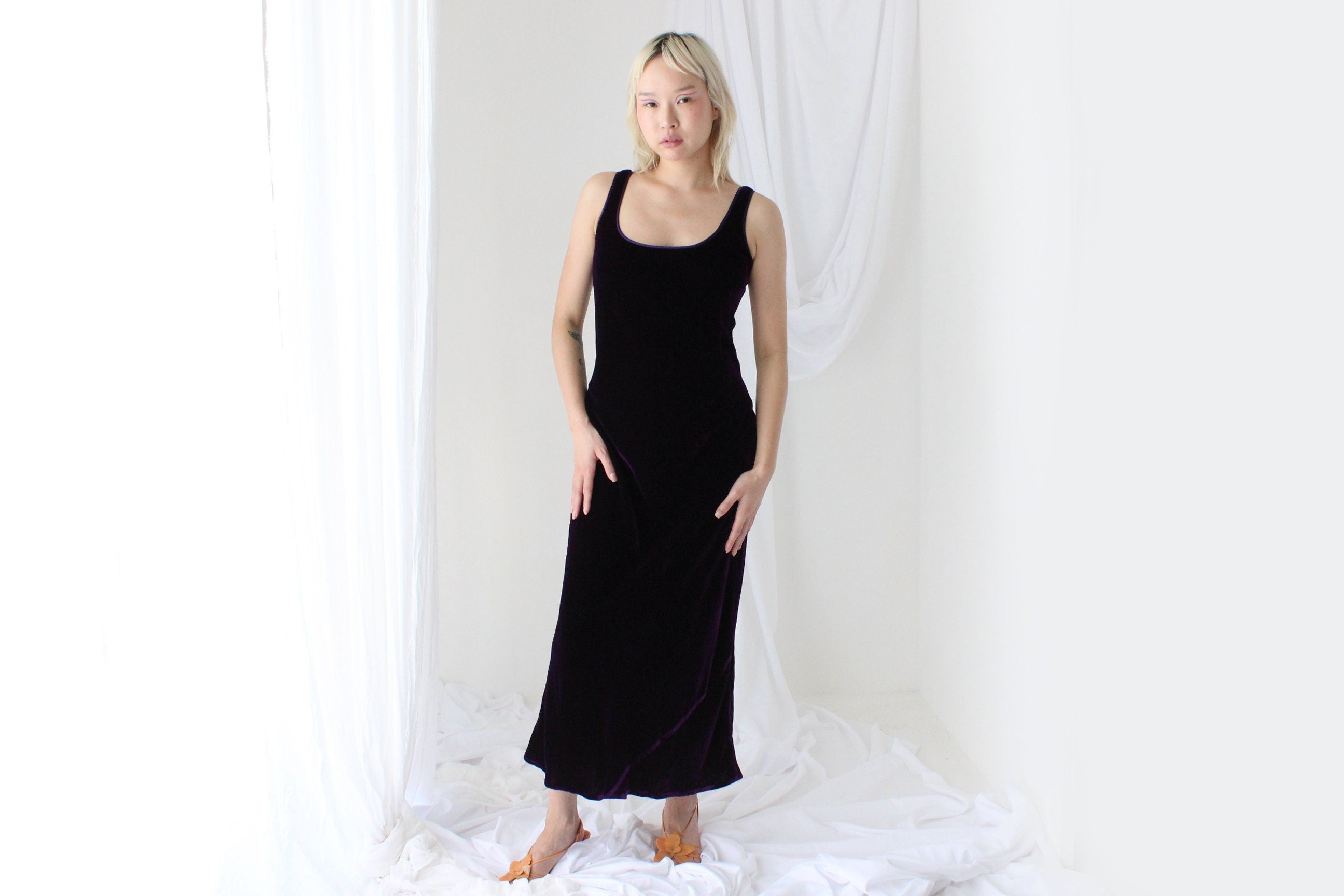 90s PURE SILK VELVET Deep Purple Scoop Neck Party Gown