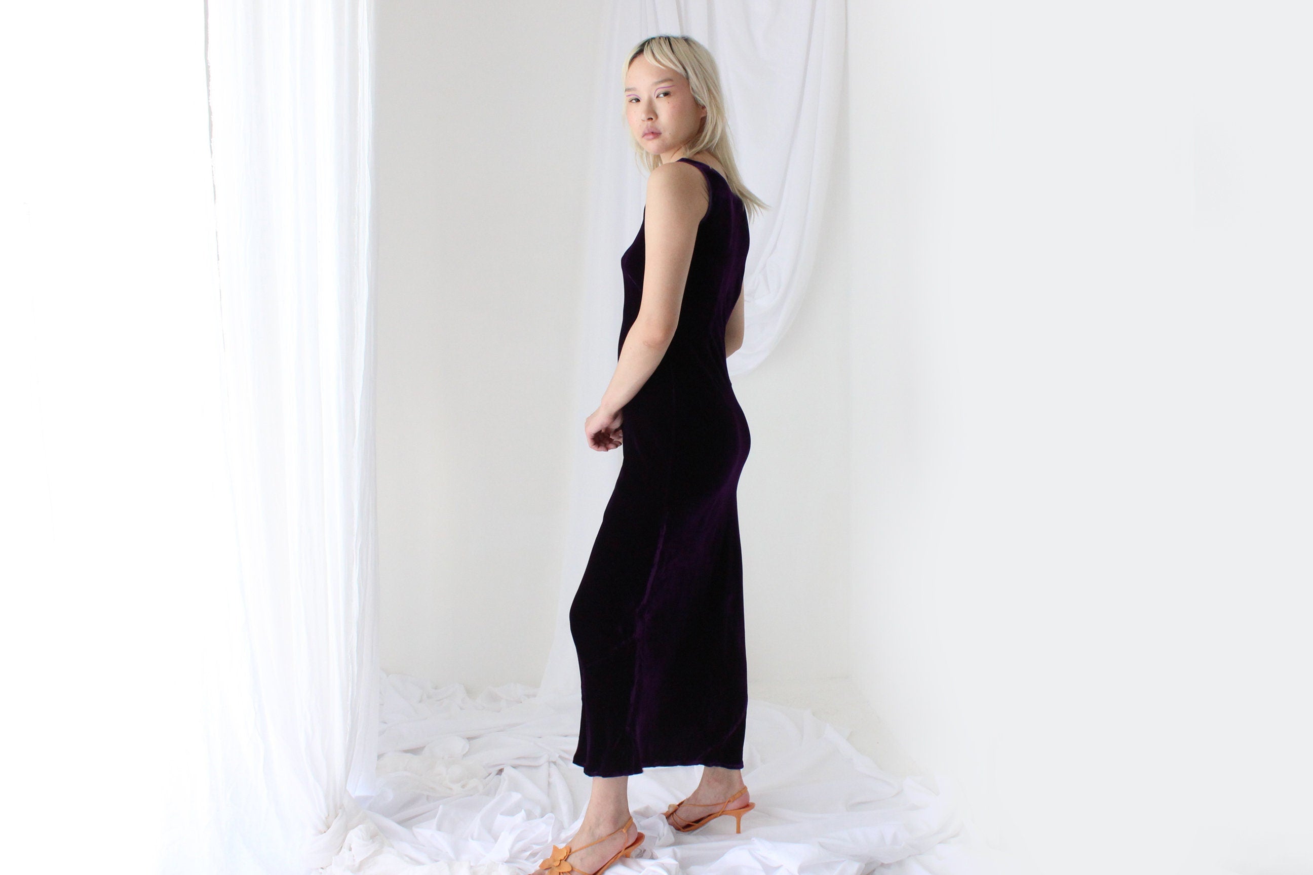 90s PURE SILK VELVET Deep Purple Scoop Neck Party Gown