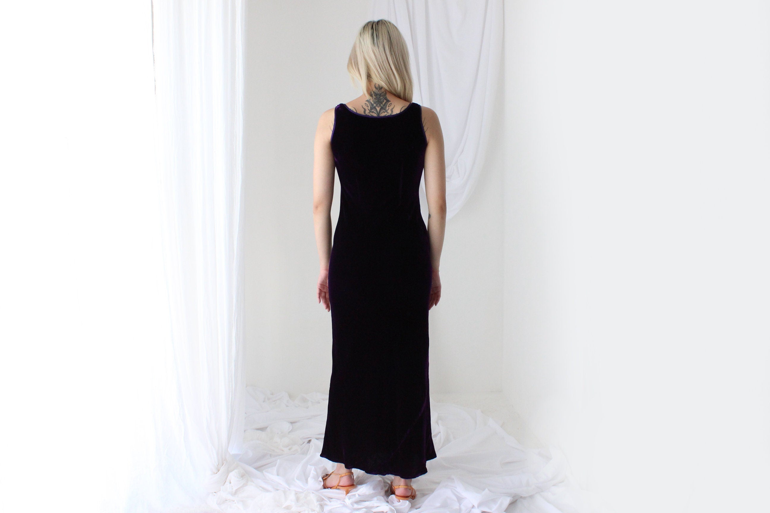 90s PURE SILK VELVET Deep Purple Scoop Neck Party Gown