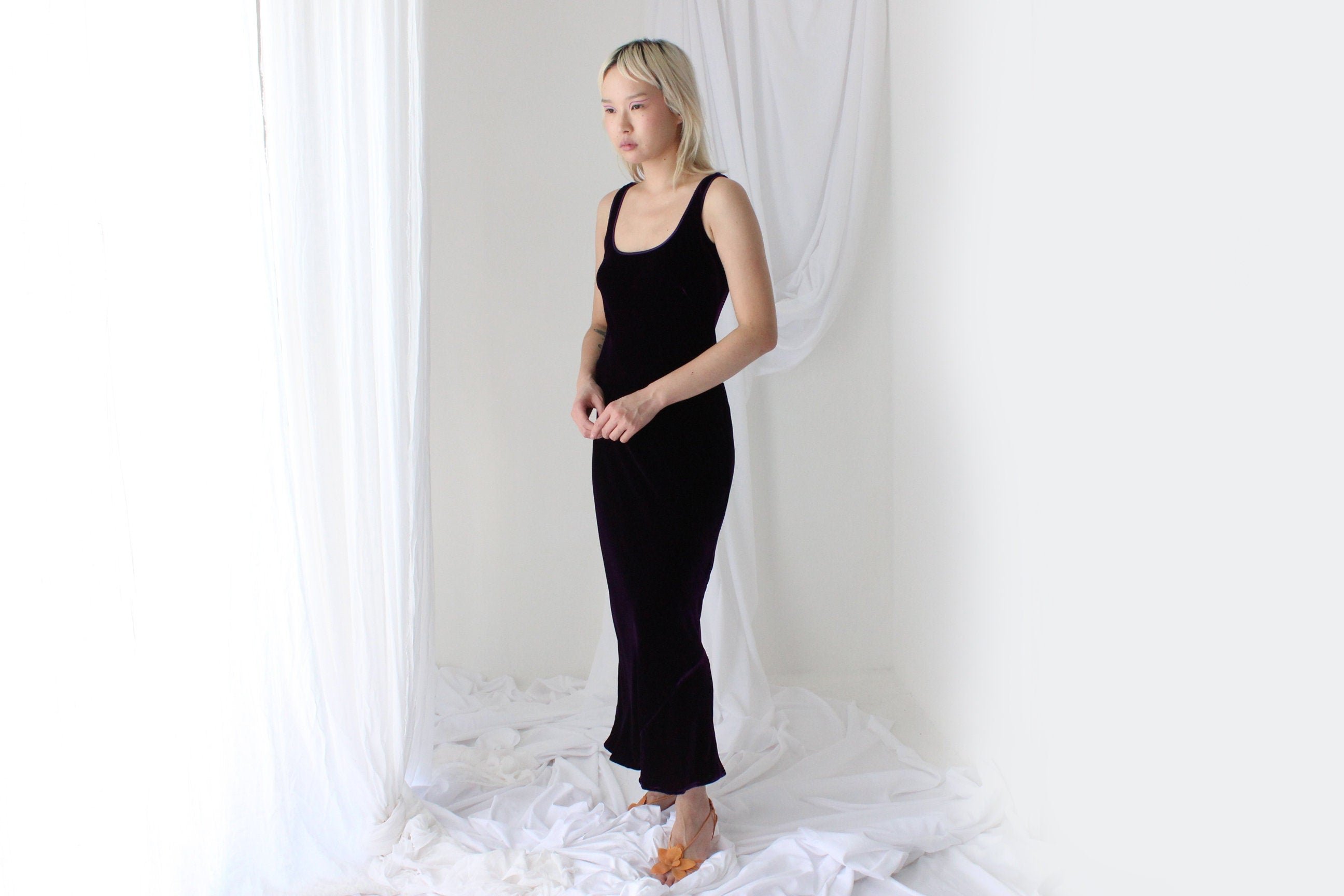90s PURE SILK VELVET Deep Purple Scoop Neck Party Gown