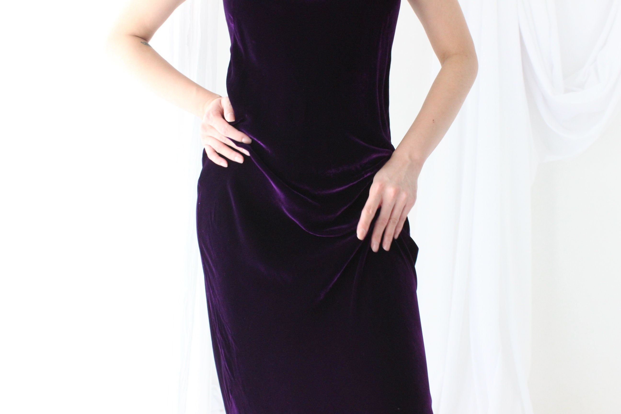 90s PURE SILK VELVET Deep Purple Scoop Neck Party Gown
