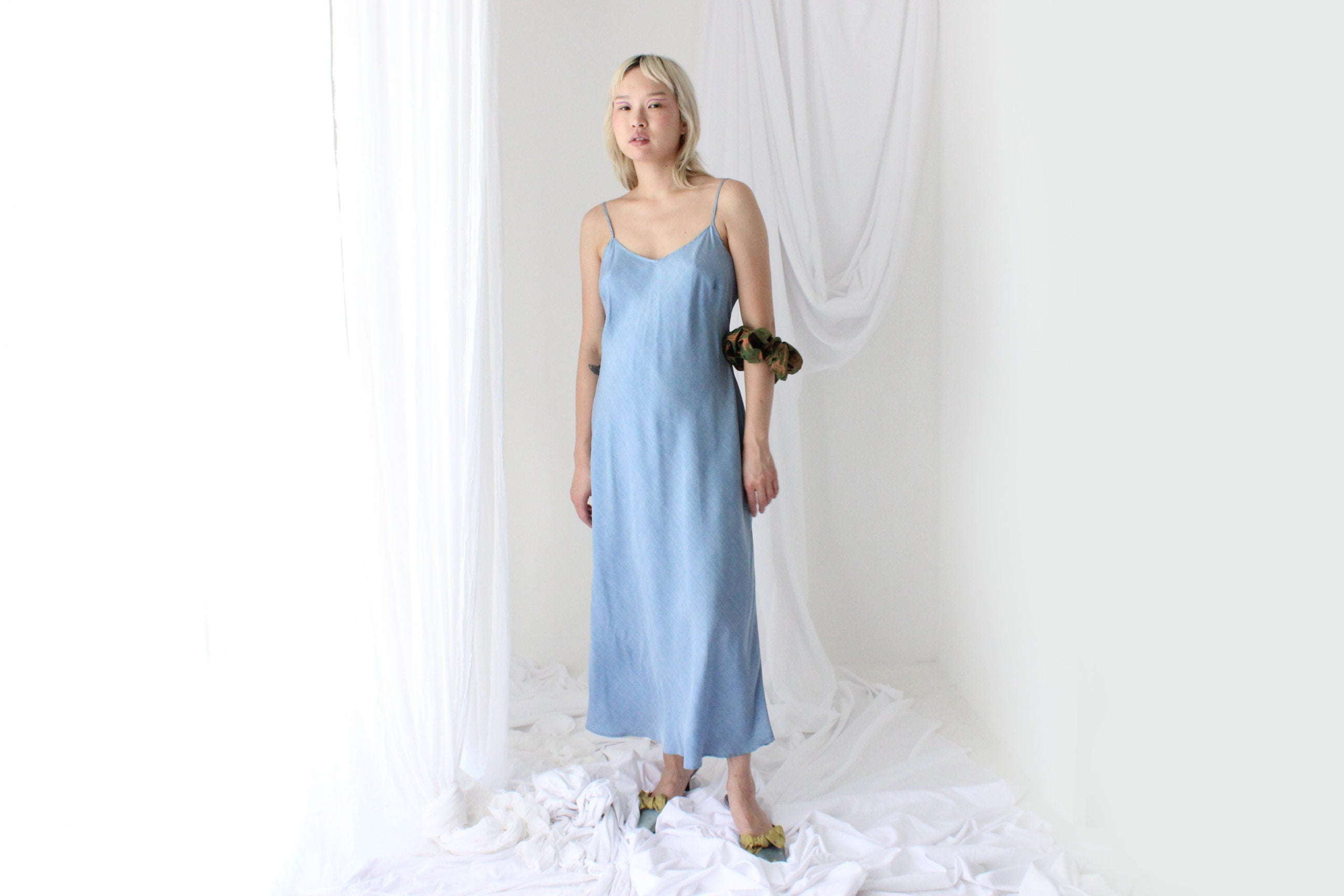 90s Pure Silk Bias Cut Slip Dress in "Lightwash Denim"