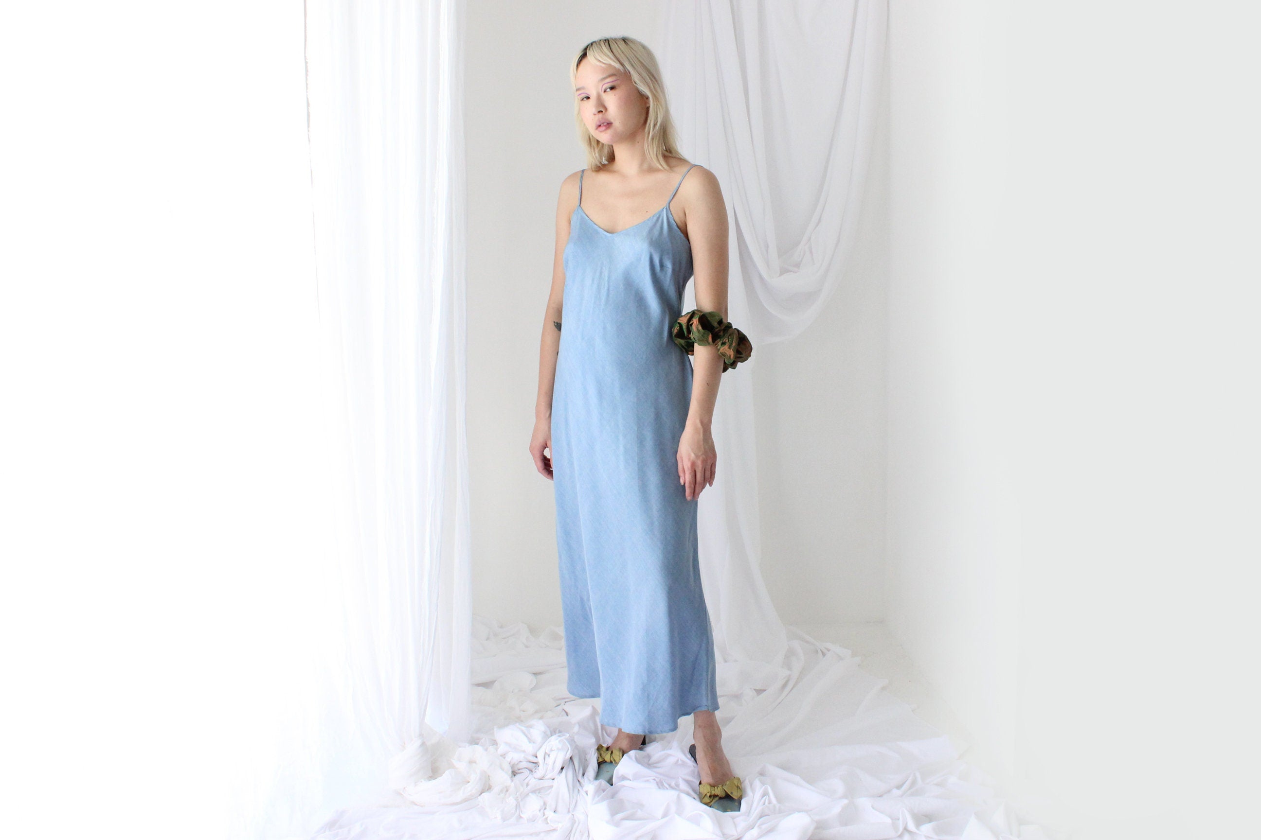 90s Pure Silk Bias Cut Slip Dress in "Lightwash Denim"