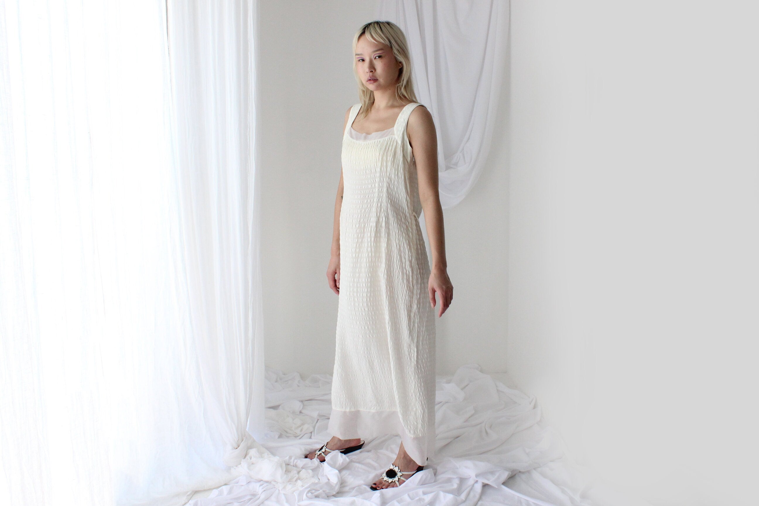 90s Textured Silk Relaxed Cream "Bubble" Dress
