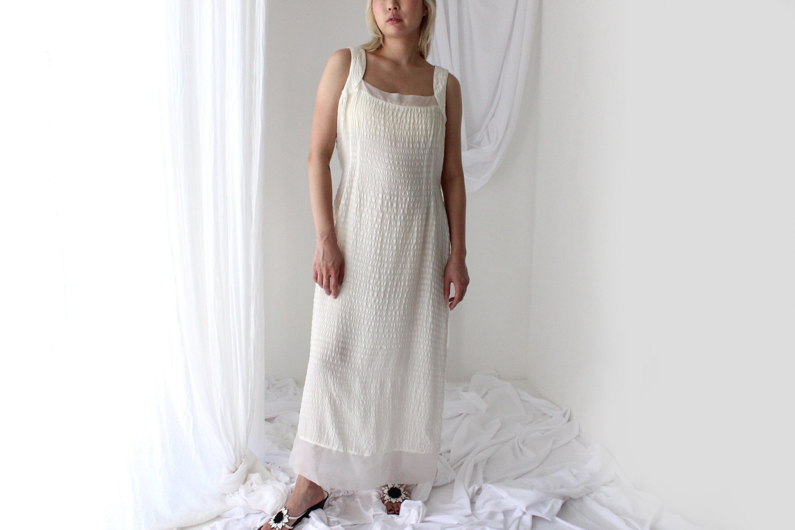 90s Textured Silk Relaxed Cream "Bubble" Dress