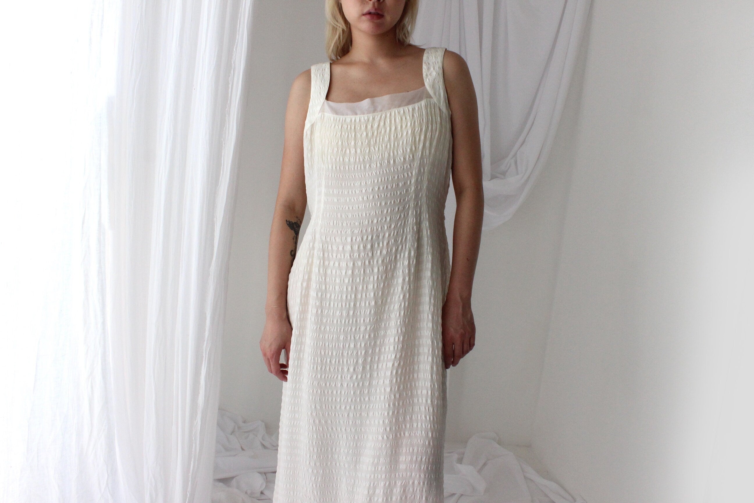 90s Textured Silk Relaxed Cream "Bubble" Dress
